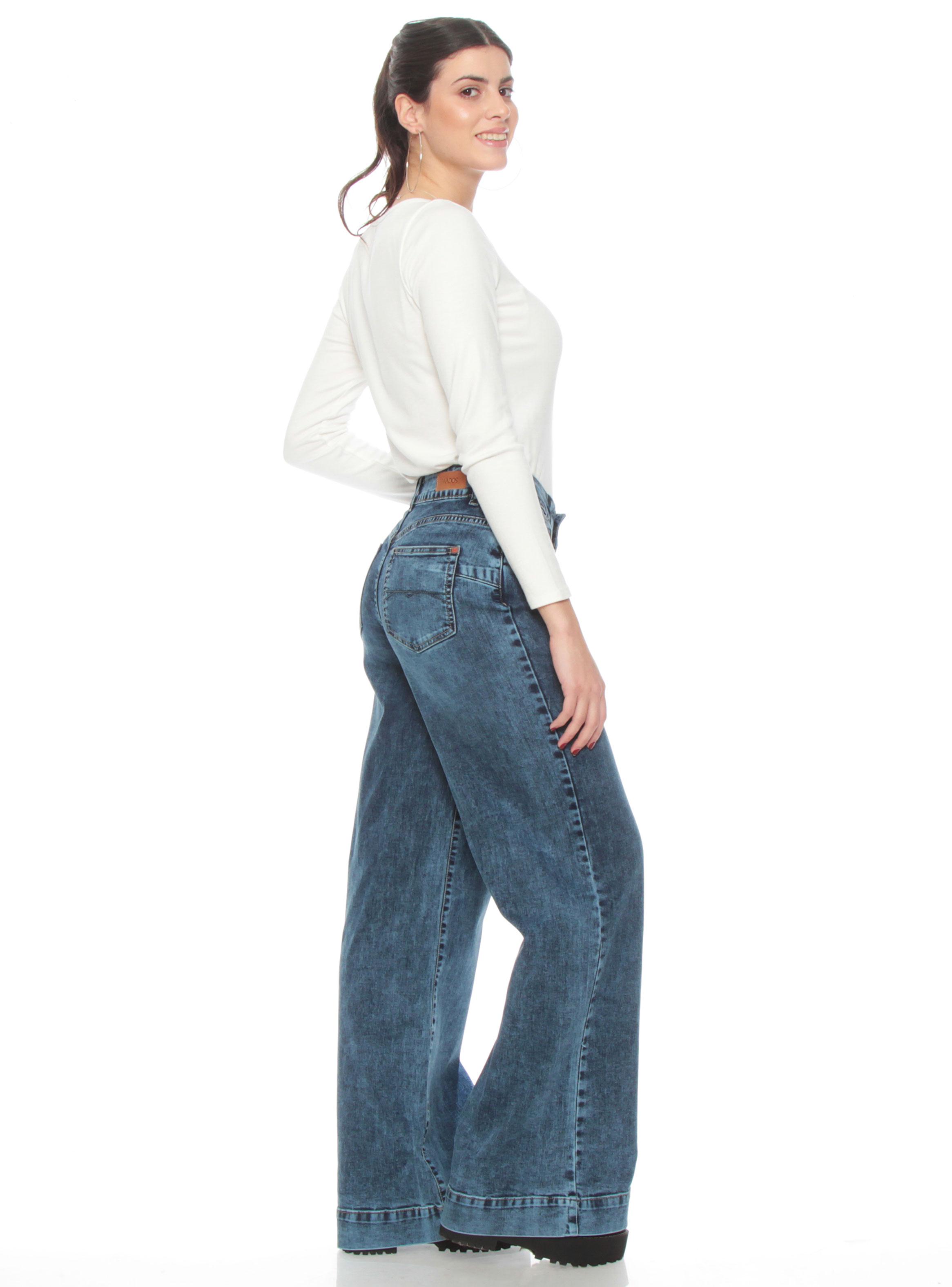 Jeans Wide Leg Tiro Alto Pretina Básica 1 Botón Push Up-4