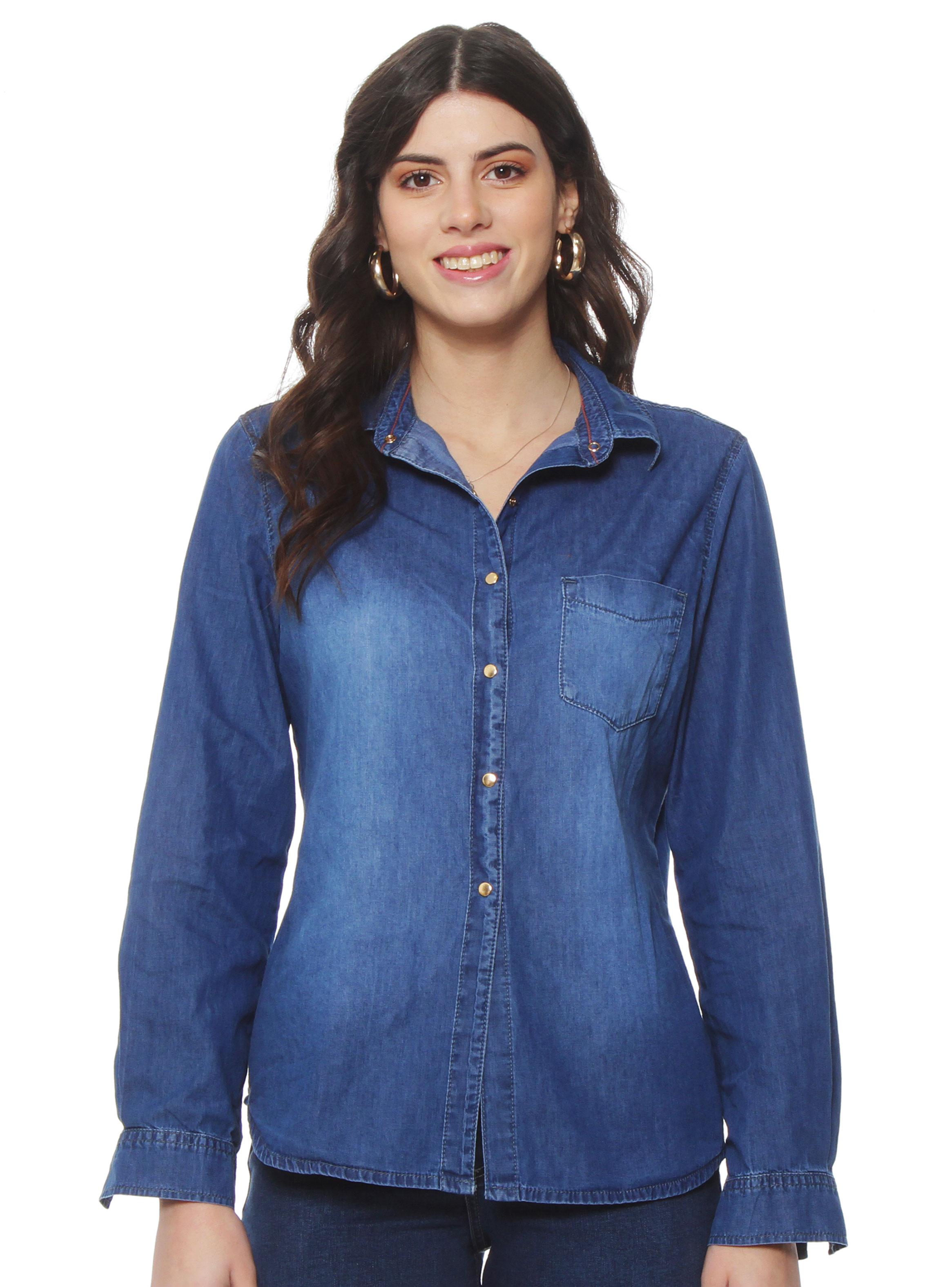 Blusa Clásica Denim Cuello Camisero-0