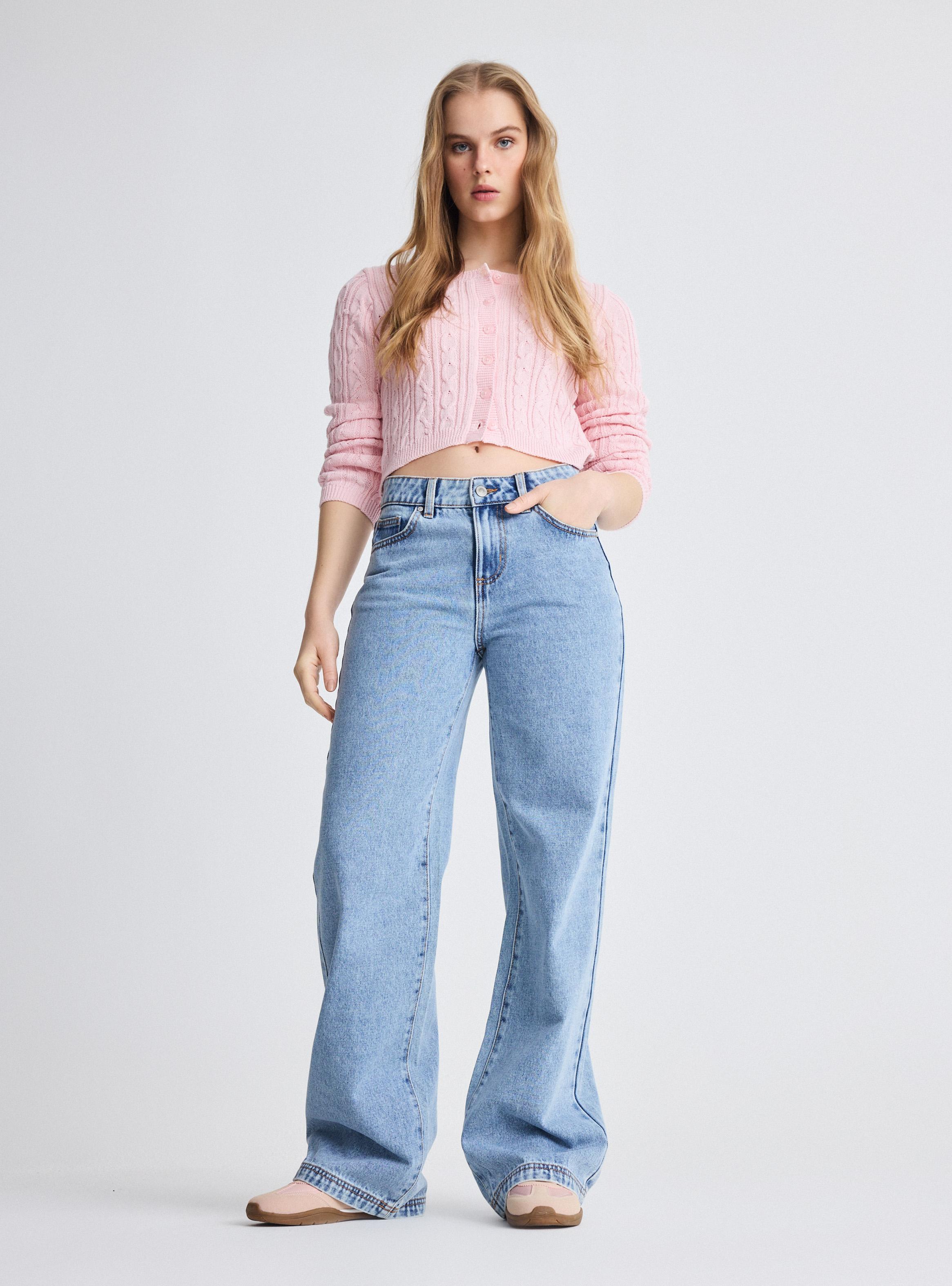 Jeans Wide Leg Color Tiro Alto Cierre y Botón-4