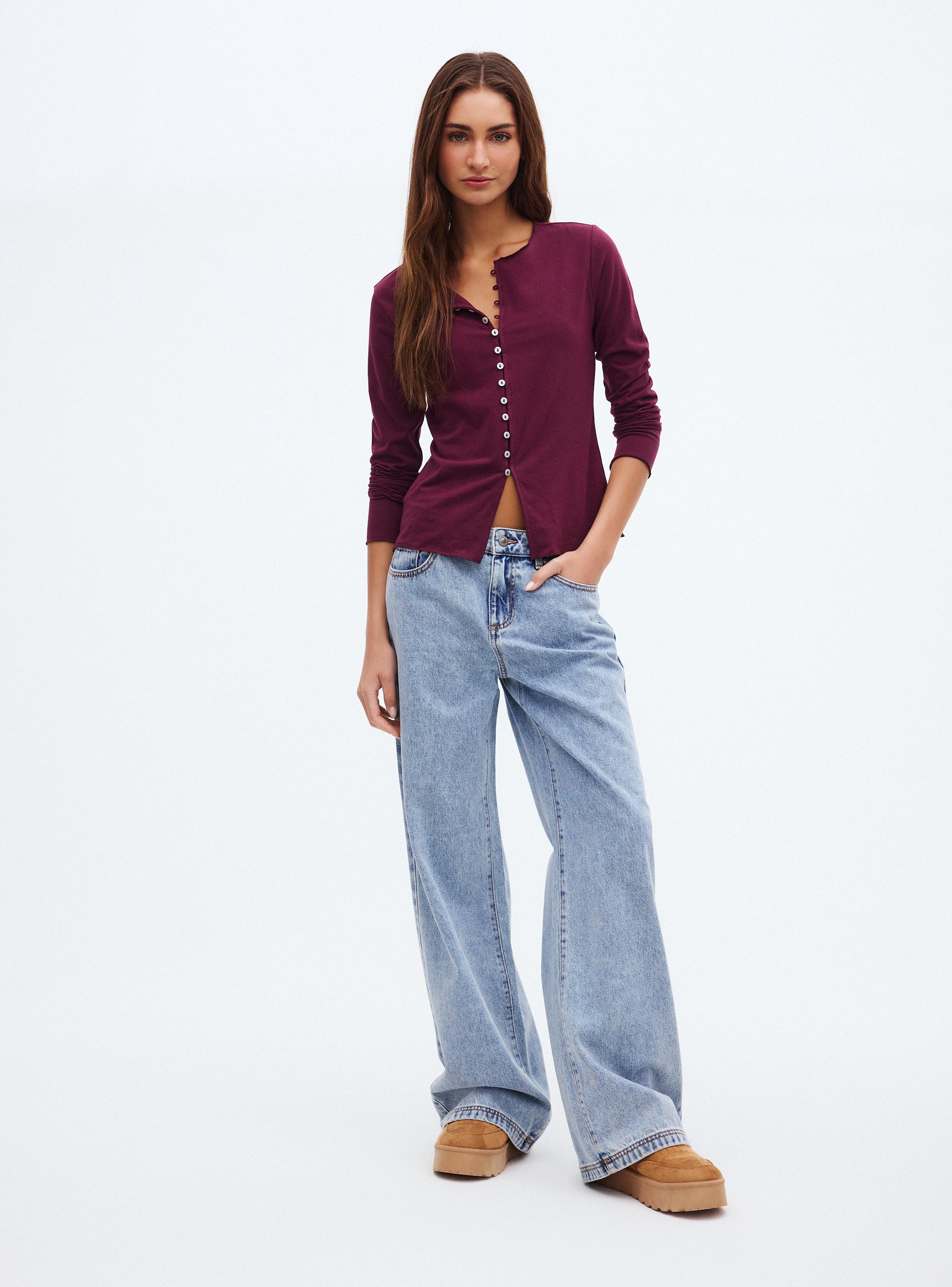 Jeans Wide Leg Color Tiro Alto Cierre y Botón-4