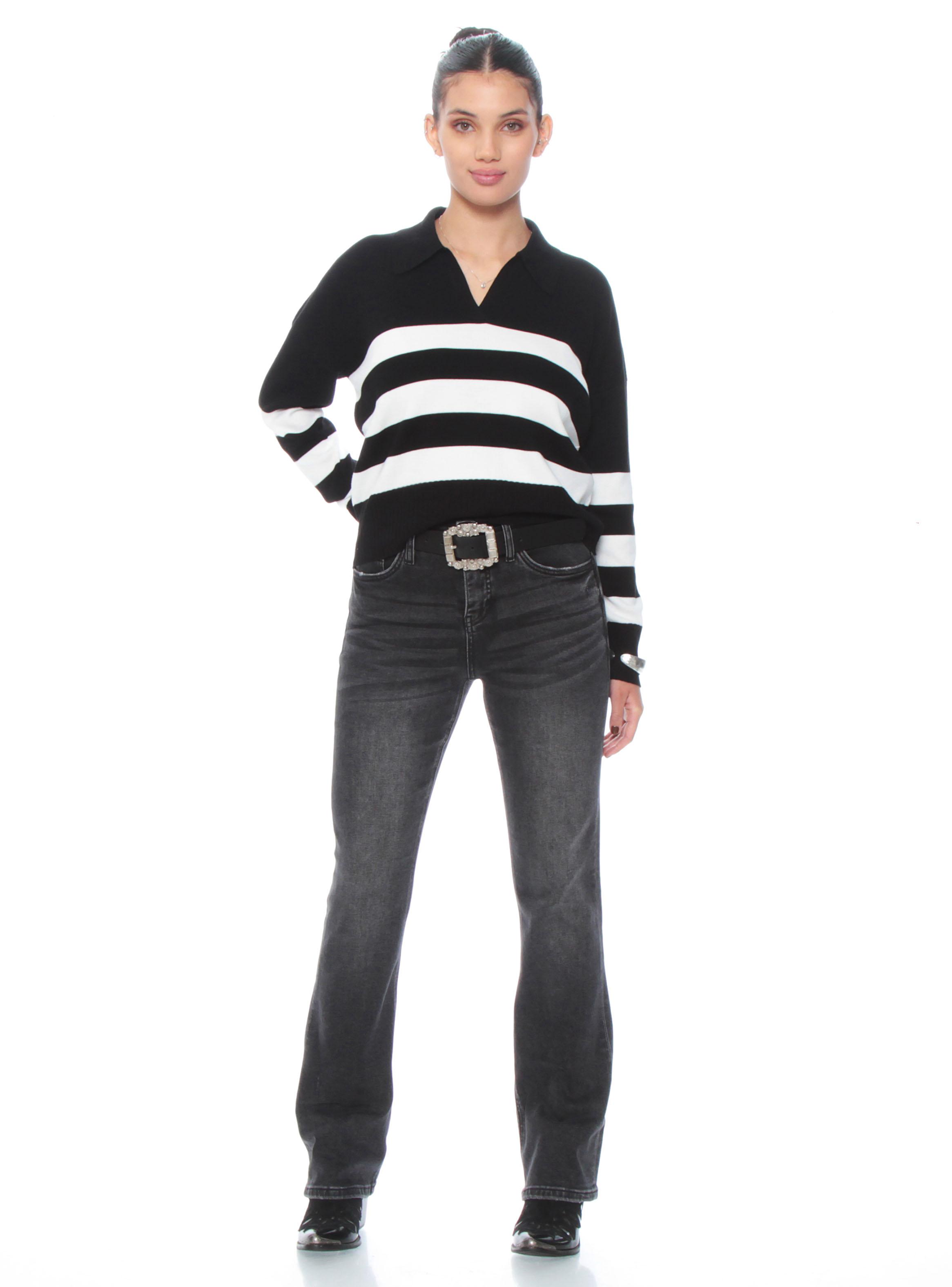 Sweater Manga Larga Listado Escote V con Cuello-3