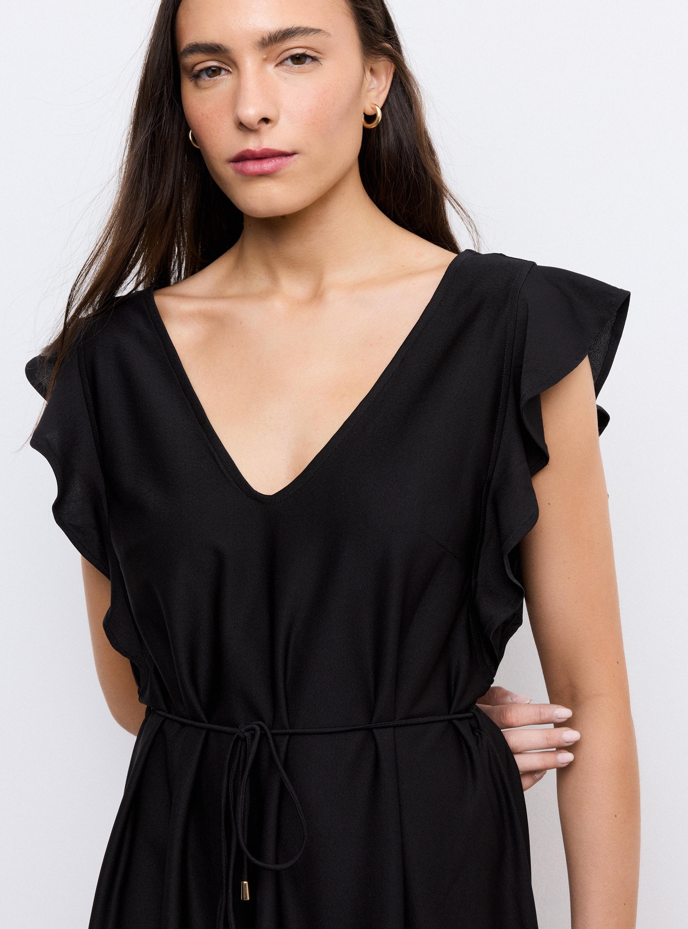 Vestido Escote V con Volantes Cordón en Cintura-2