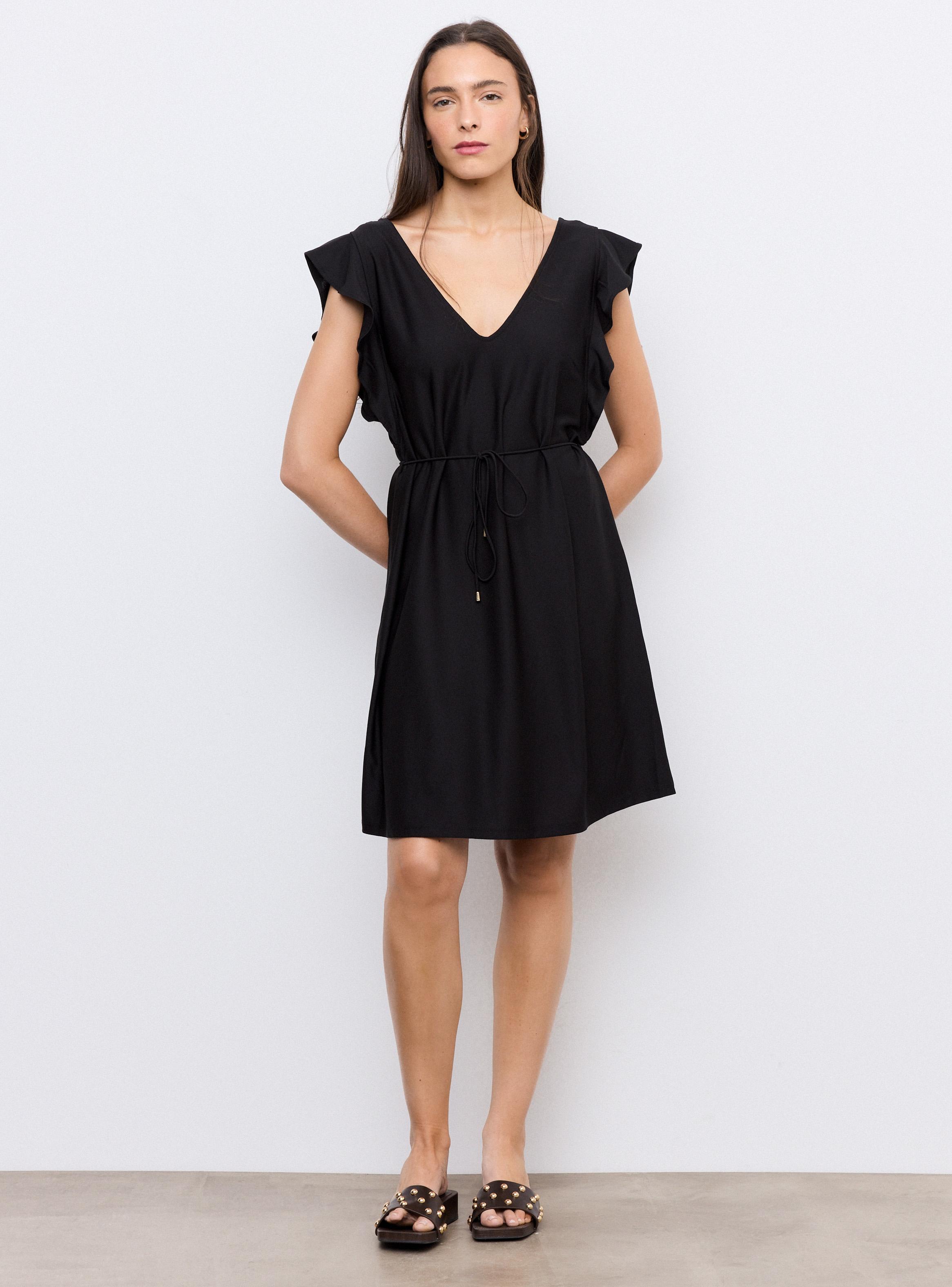 Vestido Escote V con Volantes Cordón en Cintura-4