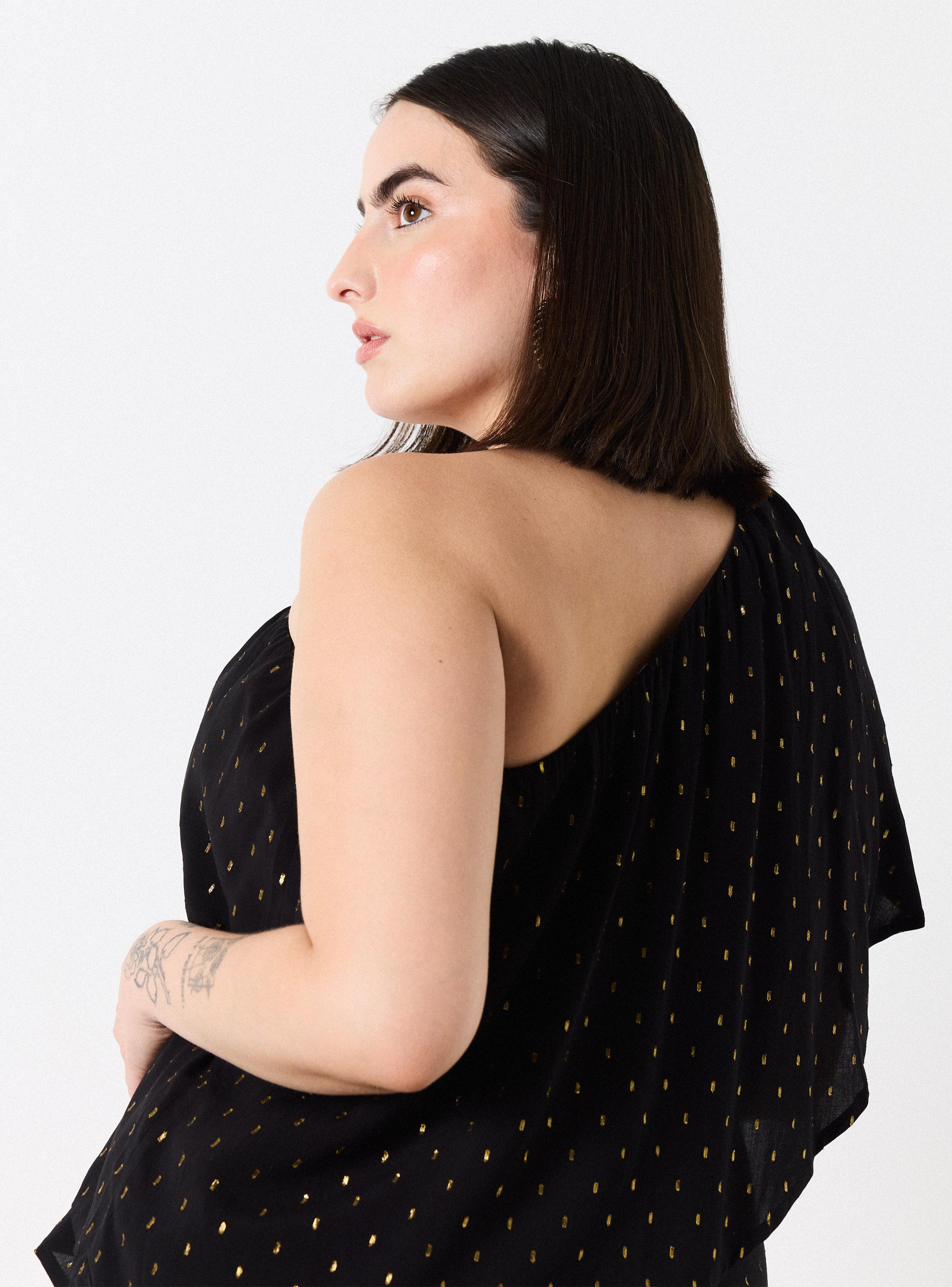 Blusa de Un Hombro Vuelo y Reflejos Metálicos-3