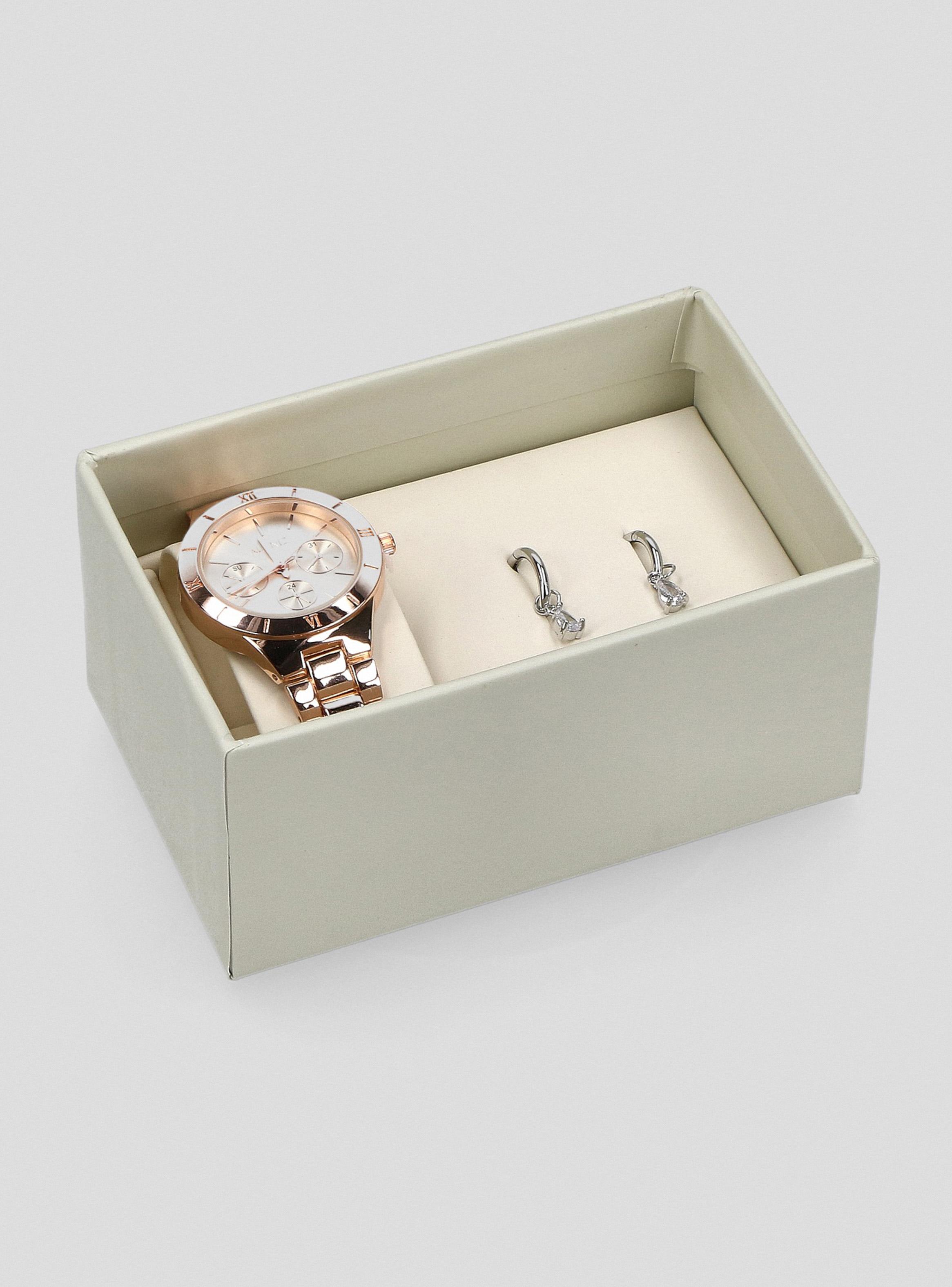 Pack Reloj Análogo Rose Gold Mujer + Aros Plateados-6