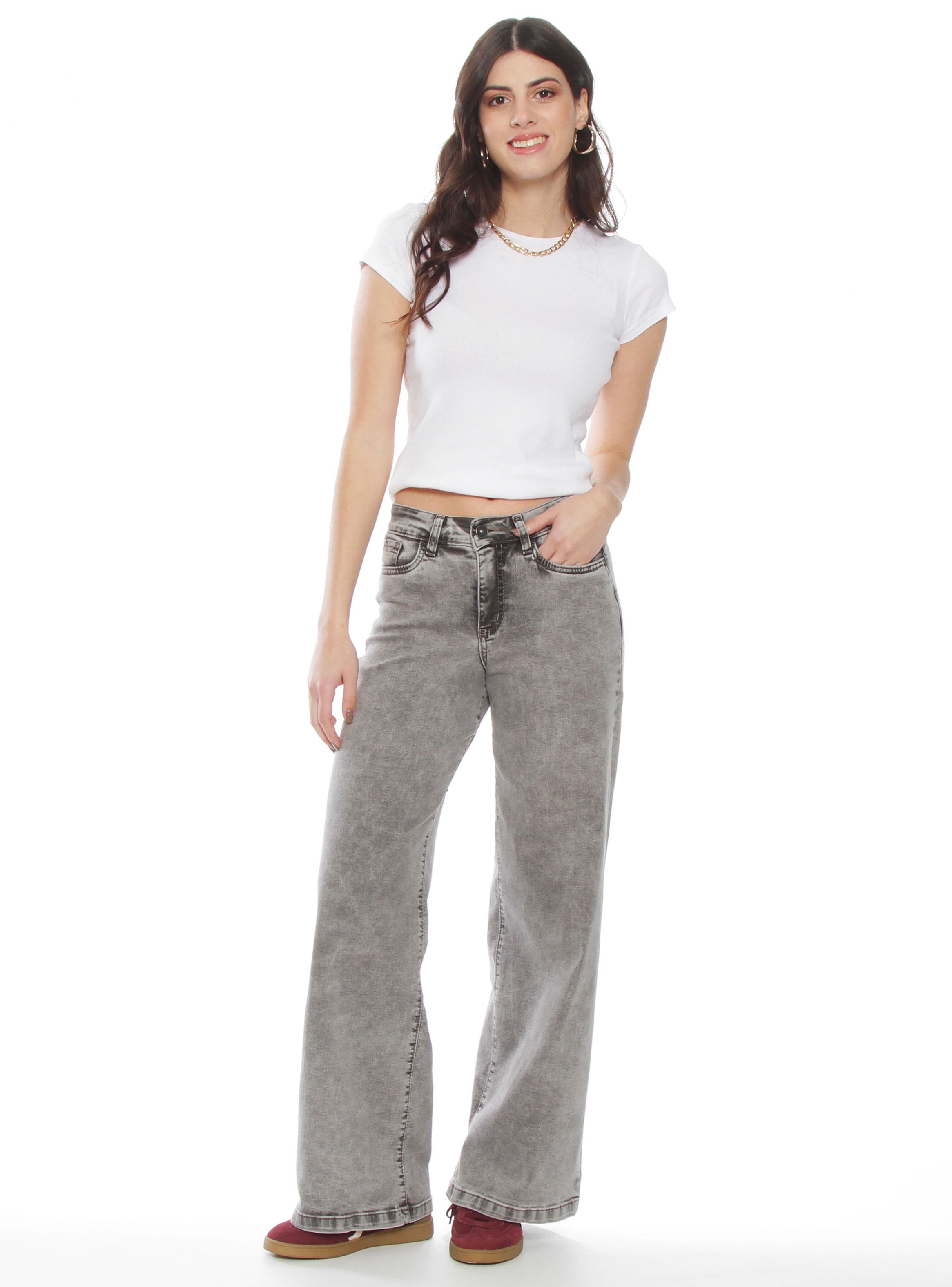 Jeans con Bordado Wide Leg Tiro Alto Pretina Básica 1 Botón-3