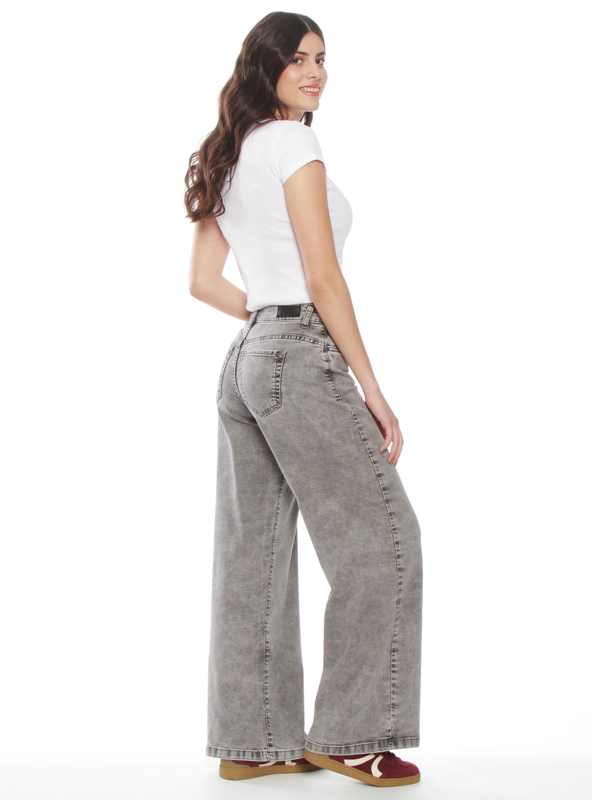 Jeans con Bordado Wide Leg Tiro Alto Pretina Básica 1 Botón-4