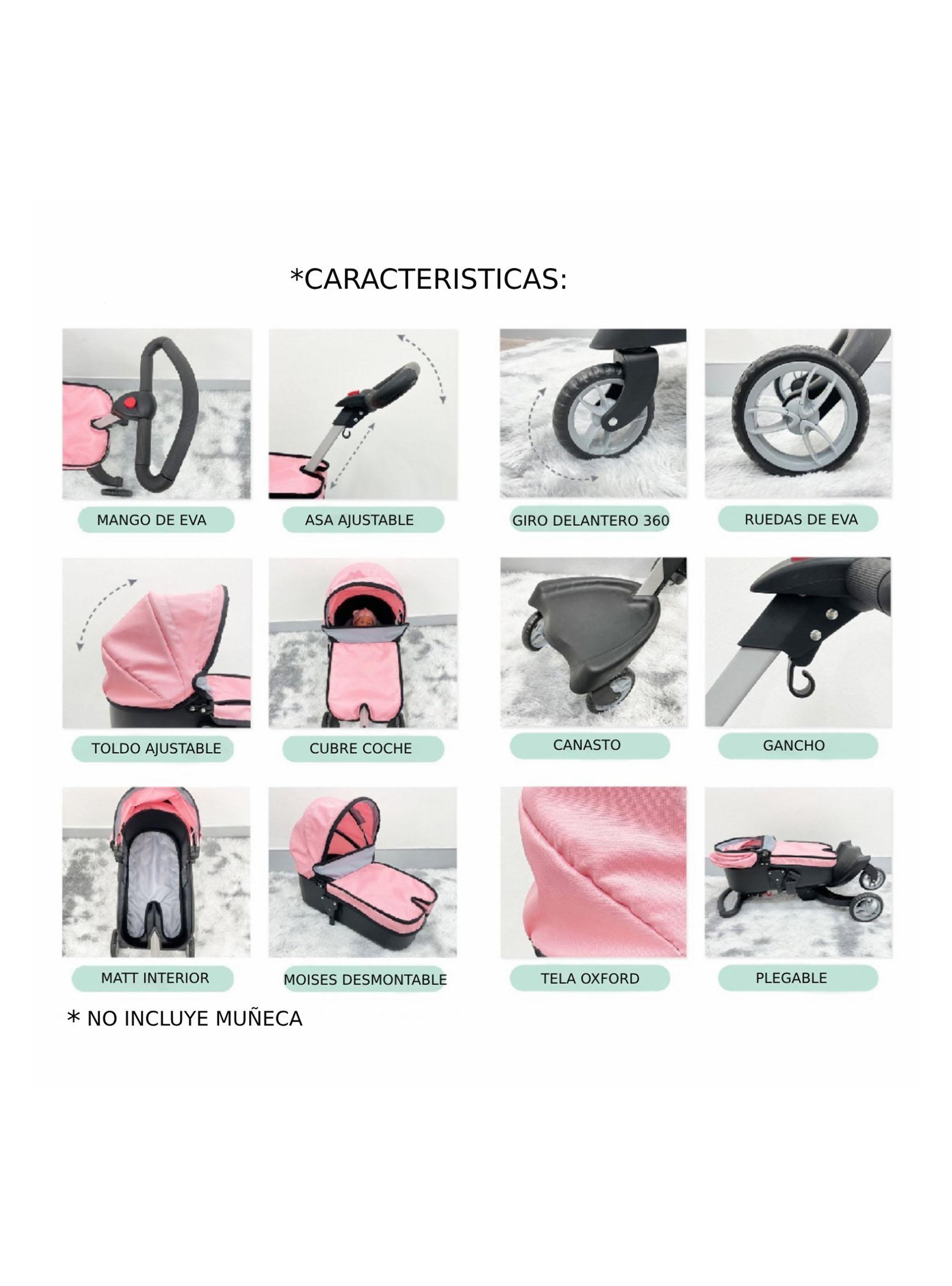 Coche de Muñeca Cuna Luxury Rosado Negro-3