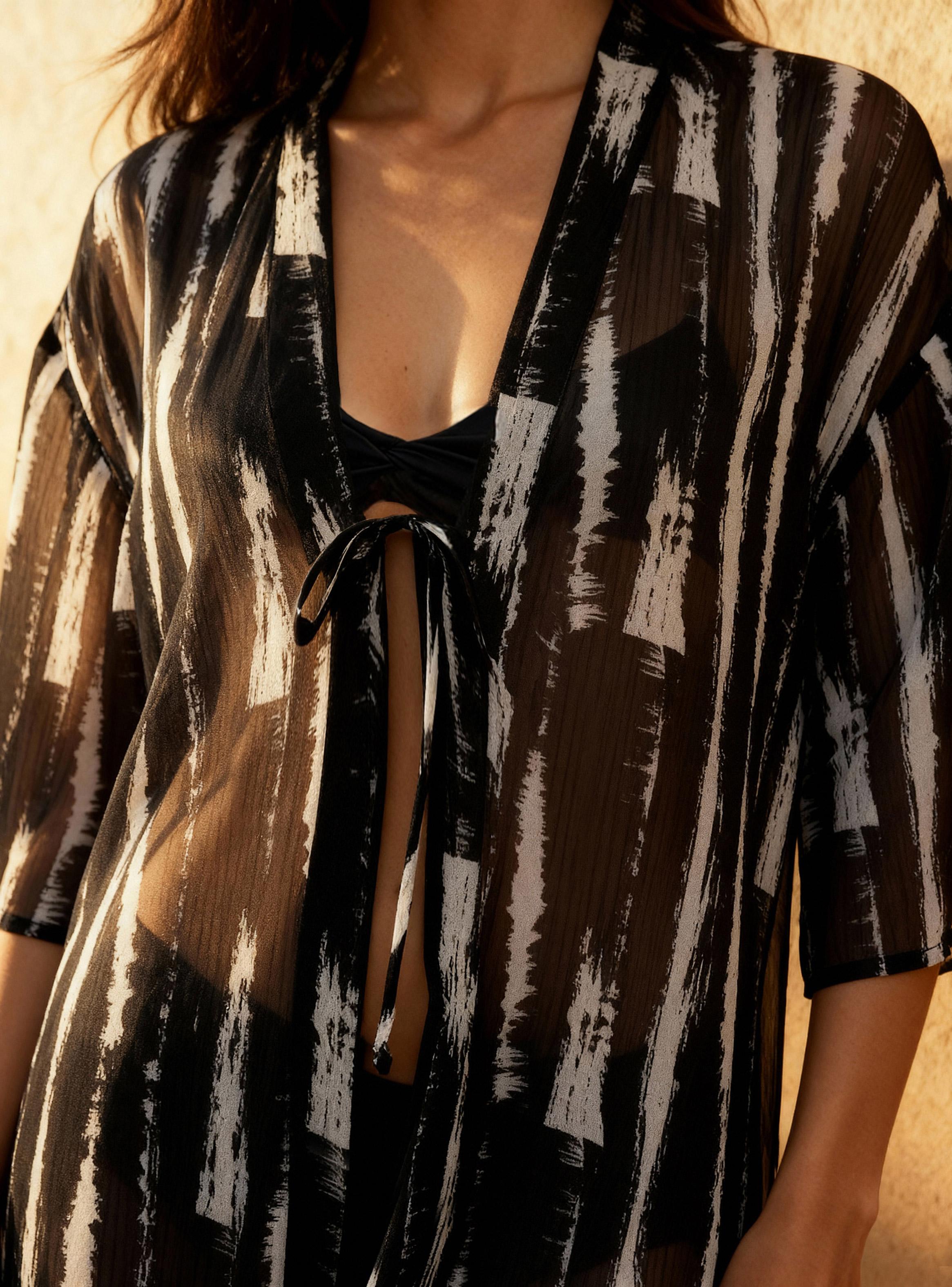 Kimono Semitransparente Detalle Lazo y Diseño Rayas-2