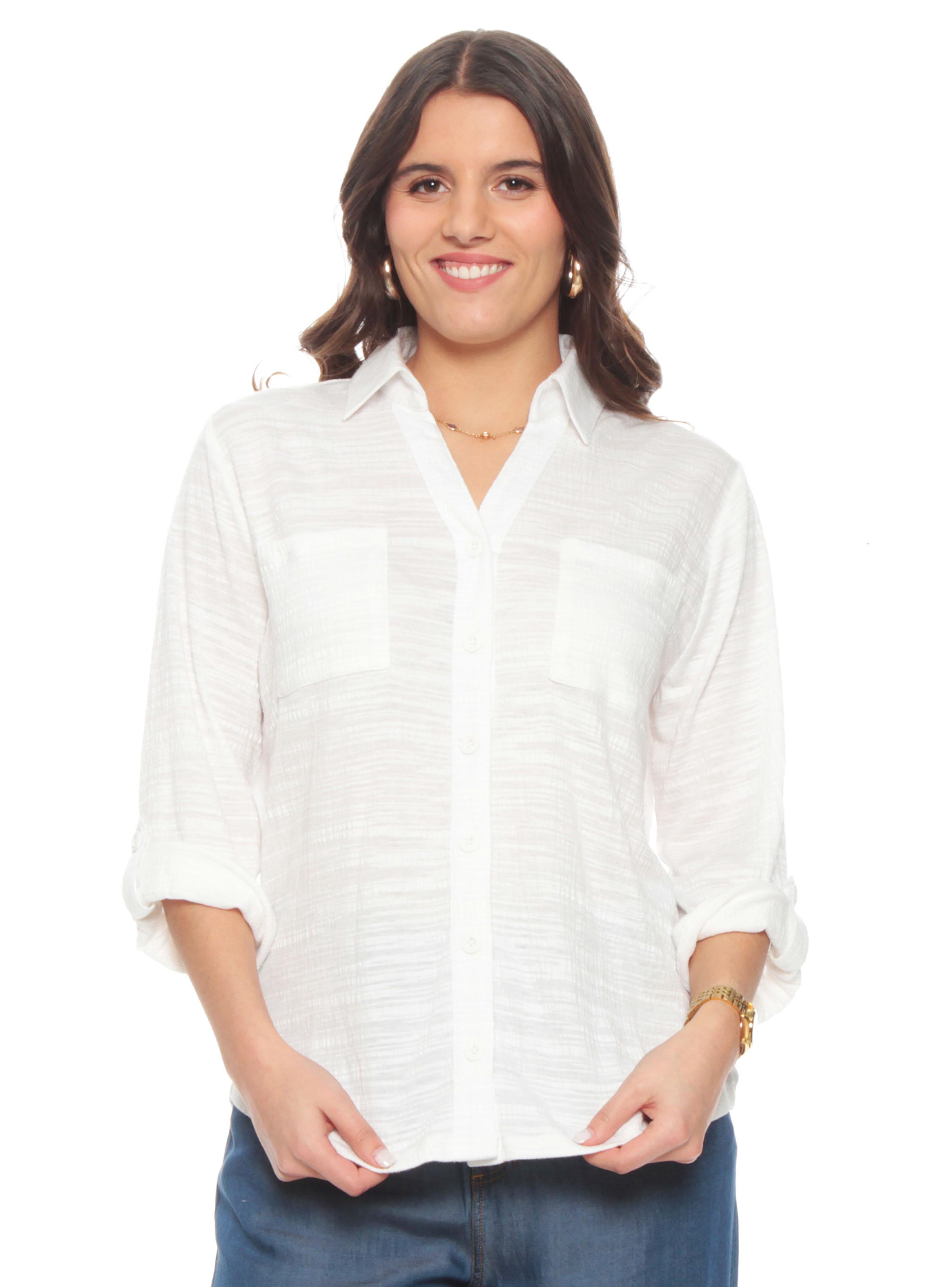 Blusa Manga Larga Sólido Escote V Abotonada Delantero-0