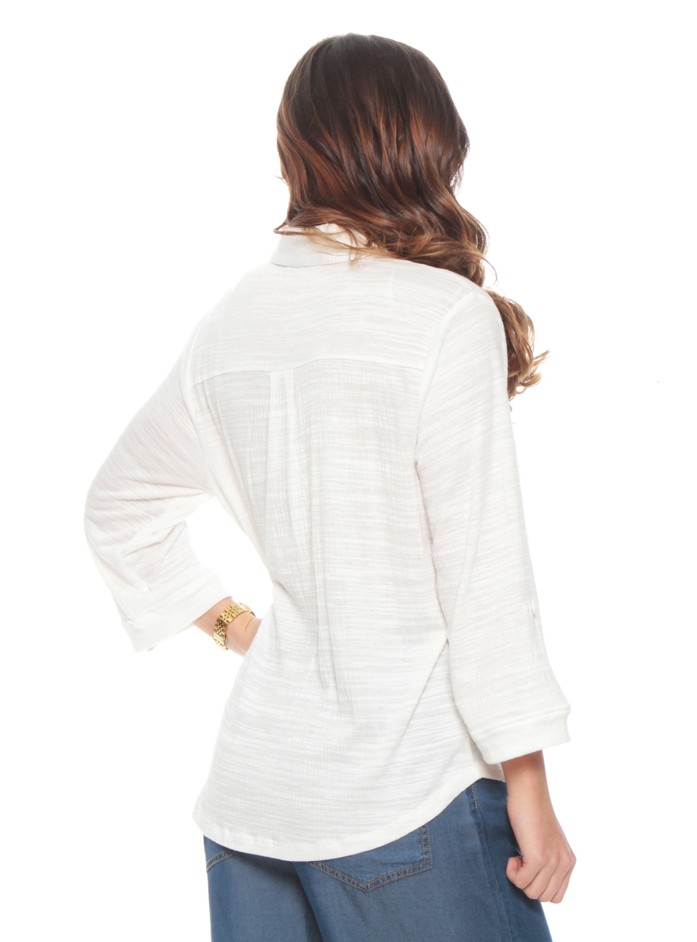 Blusa Manga Larga Sólido Escote V Abotonada Delantero-1