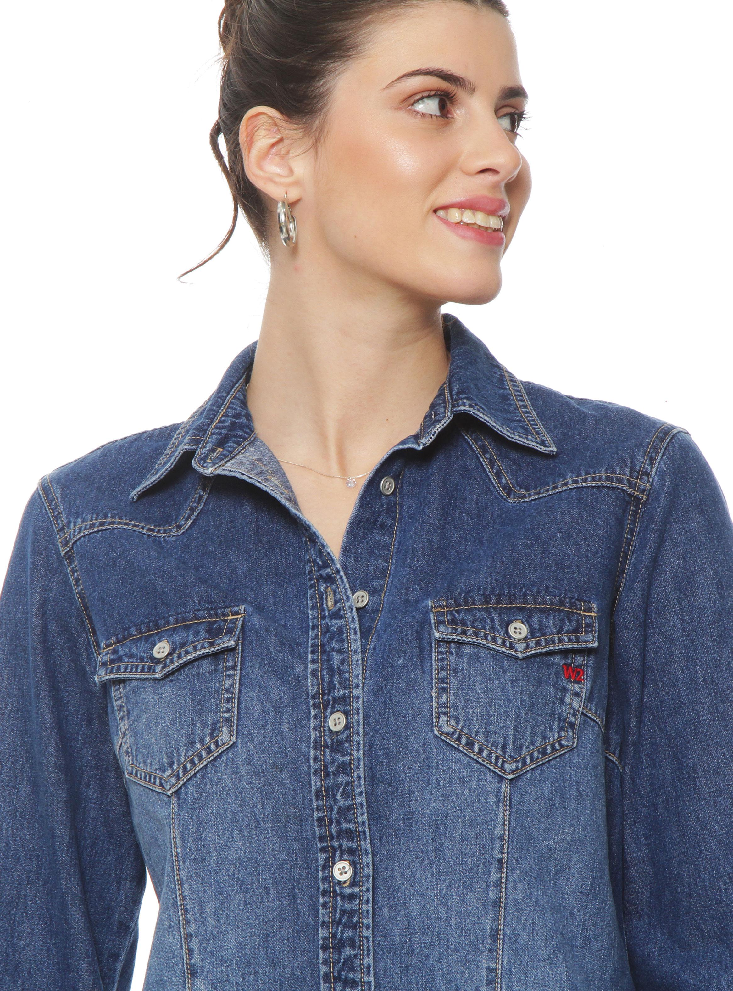 Blusa Manga Larga Denim Bolsillo Tapeta Abrochada-2