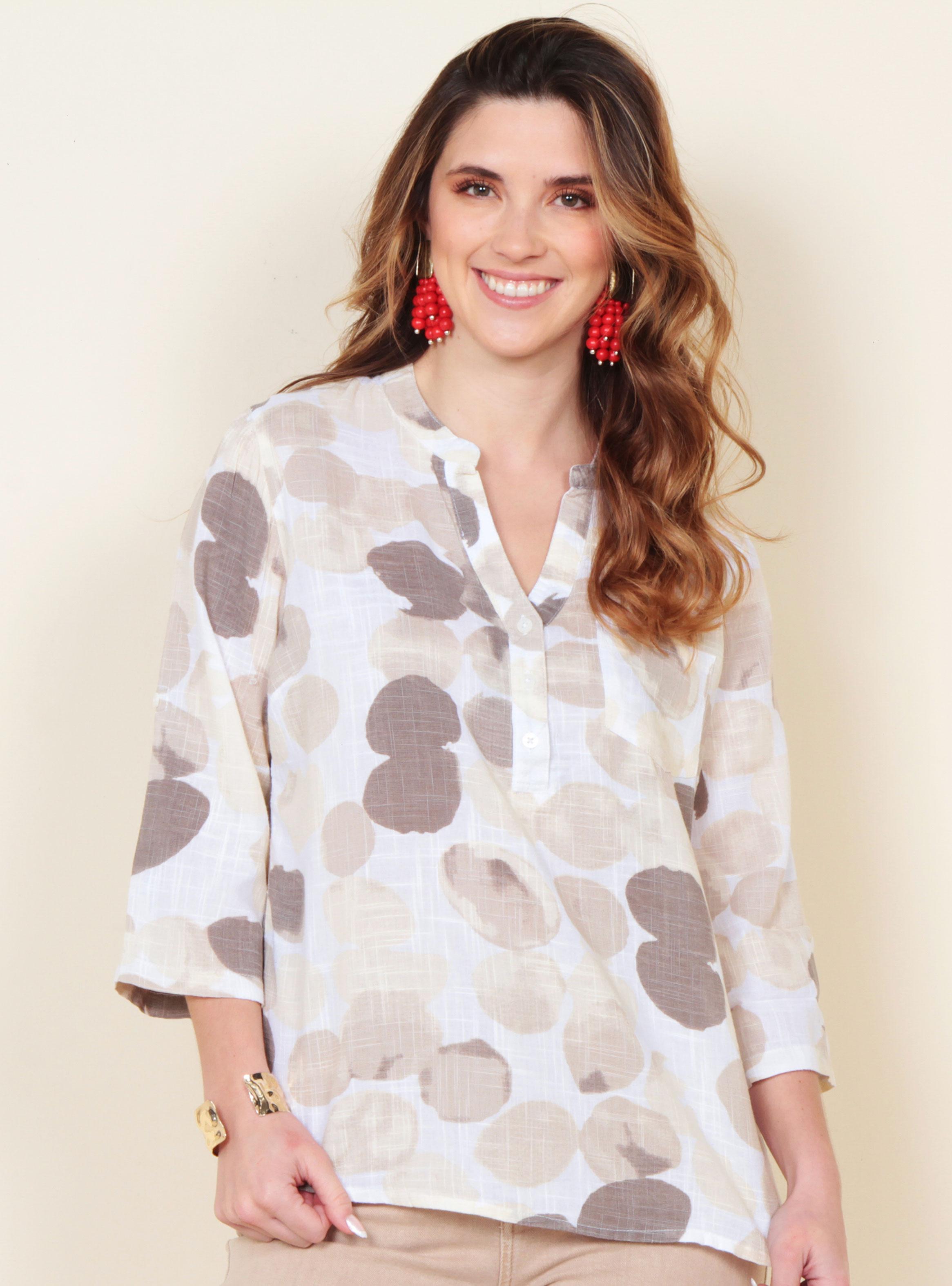 Blusa Manga Larga Estampada Escote V con Bolsillo-0