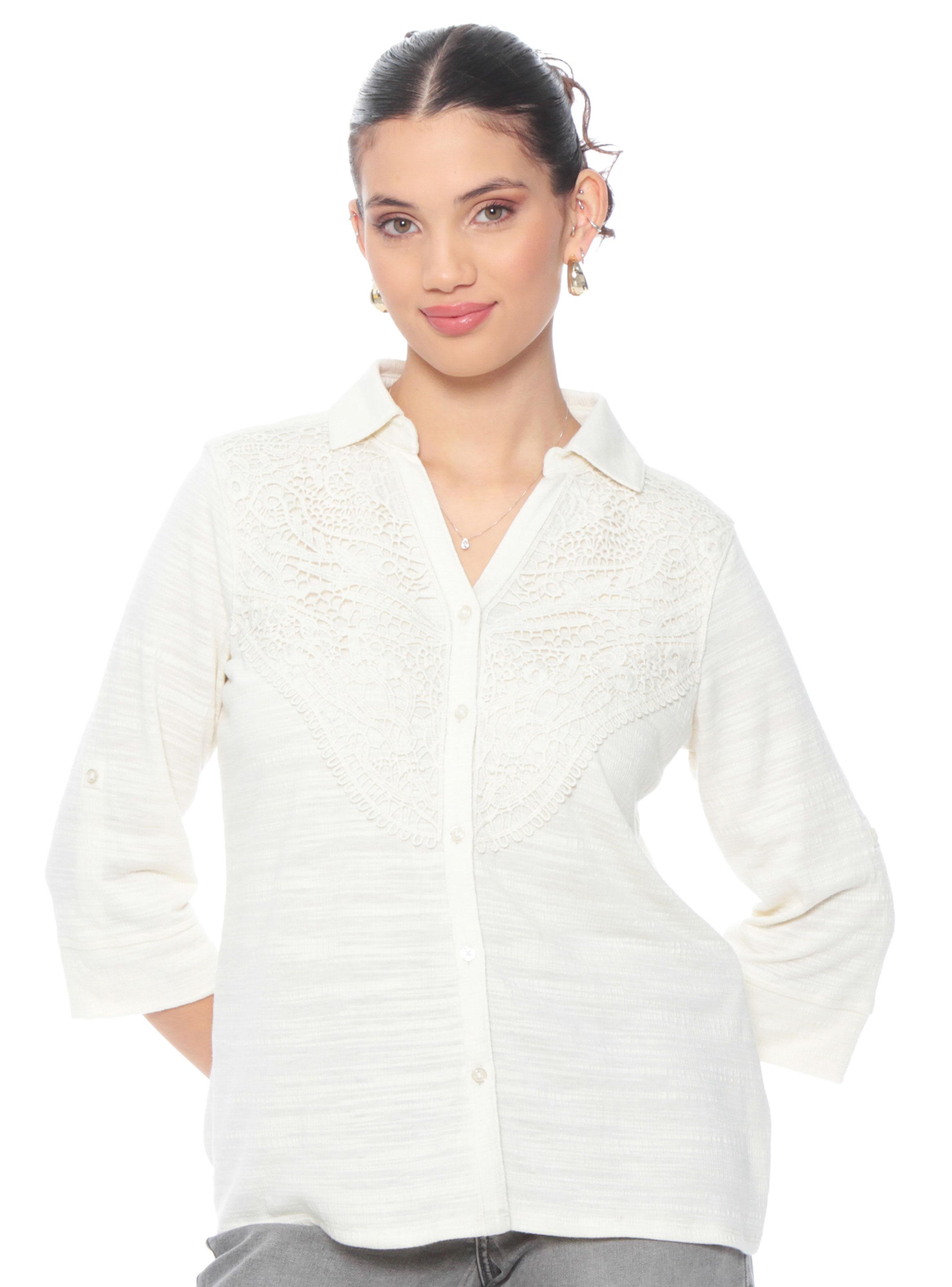 Blusa Manga 3/4 Sólida con Encaje y Escote-0