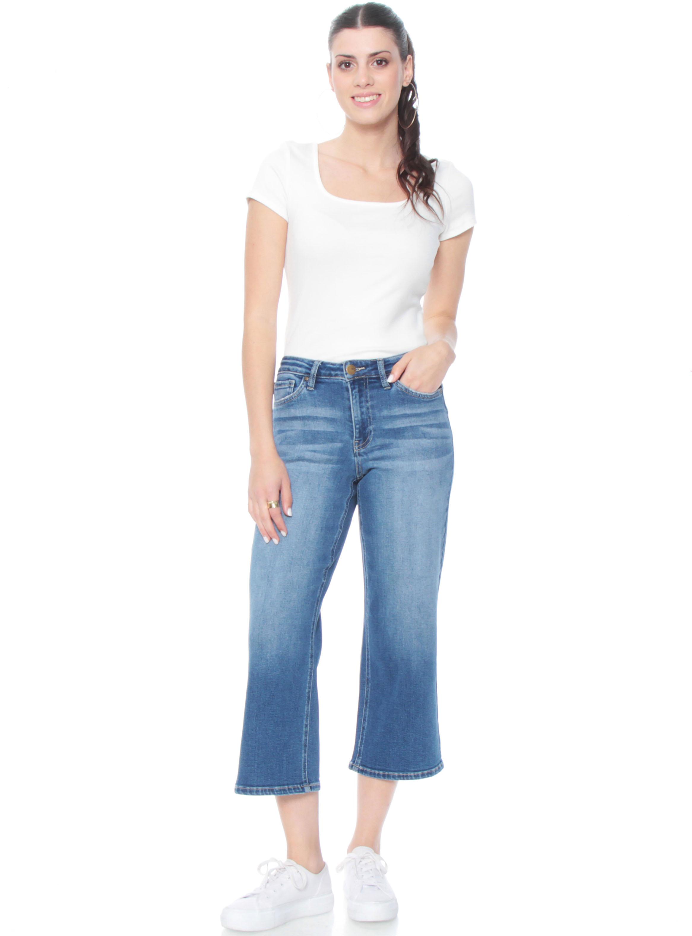 Jeans Crop Tiro Alto Pretina Básica 1 Botón F124-3