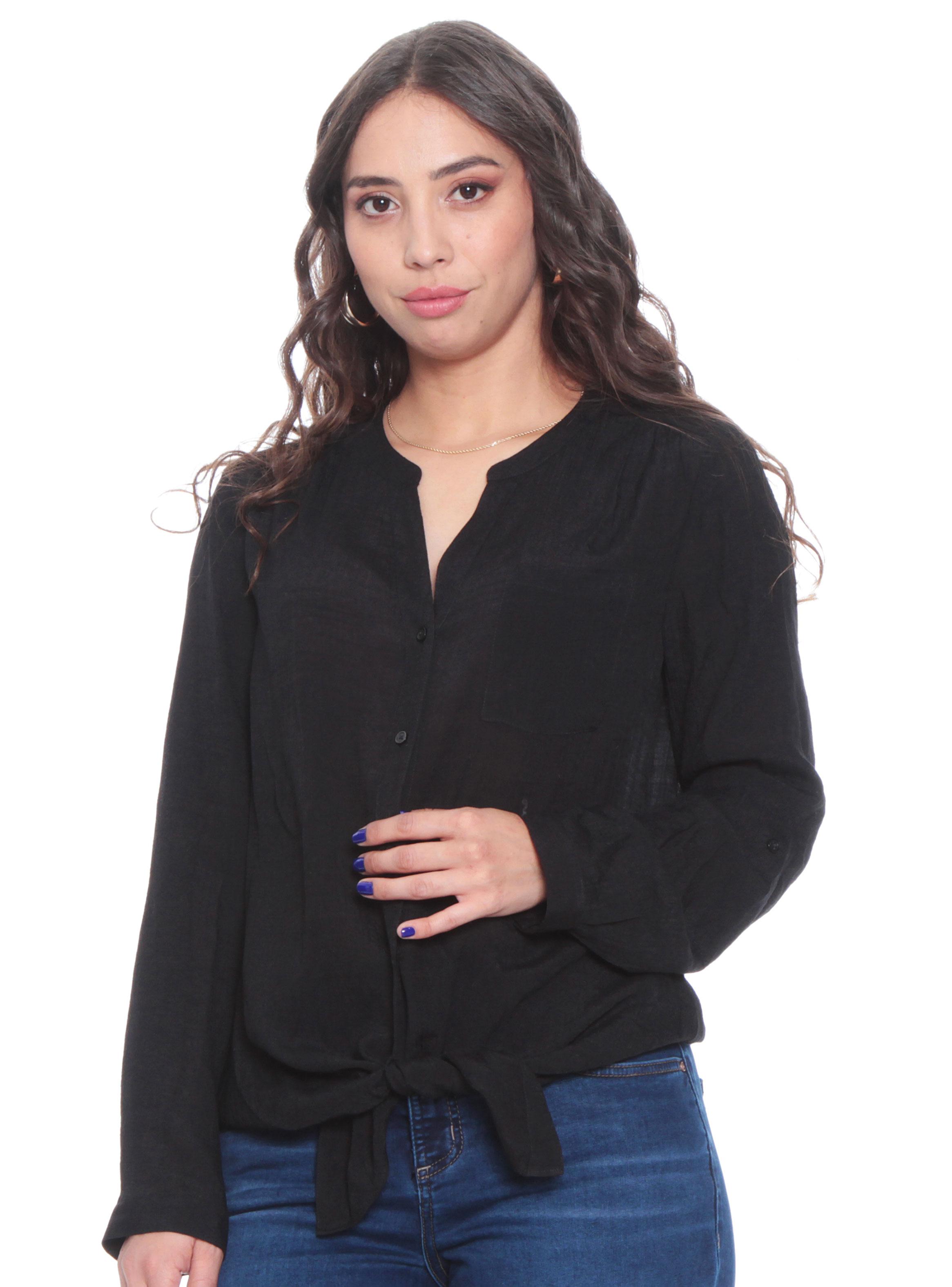Blusa Anudada con Bolsillo Manga Larga Ajustable-0