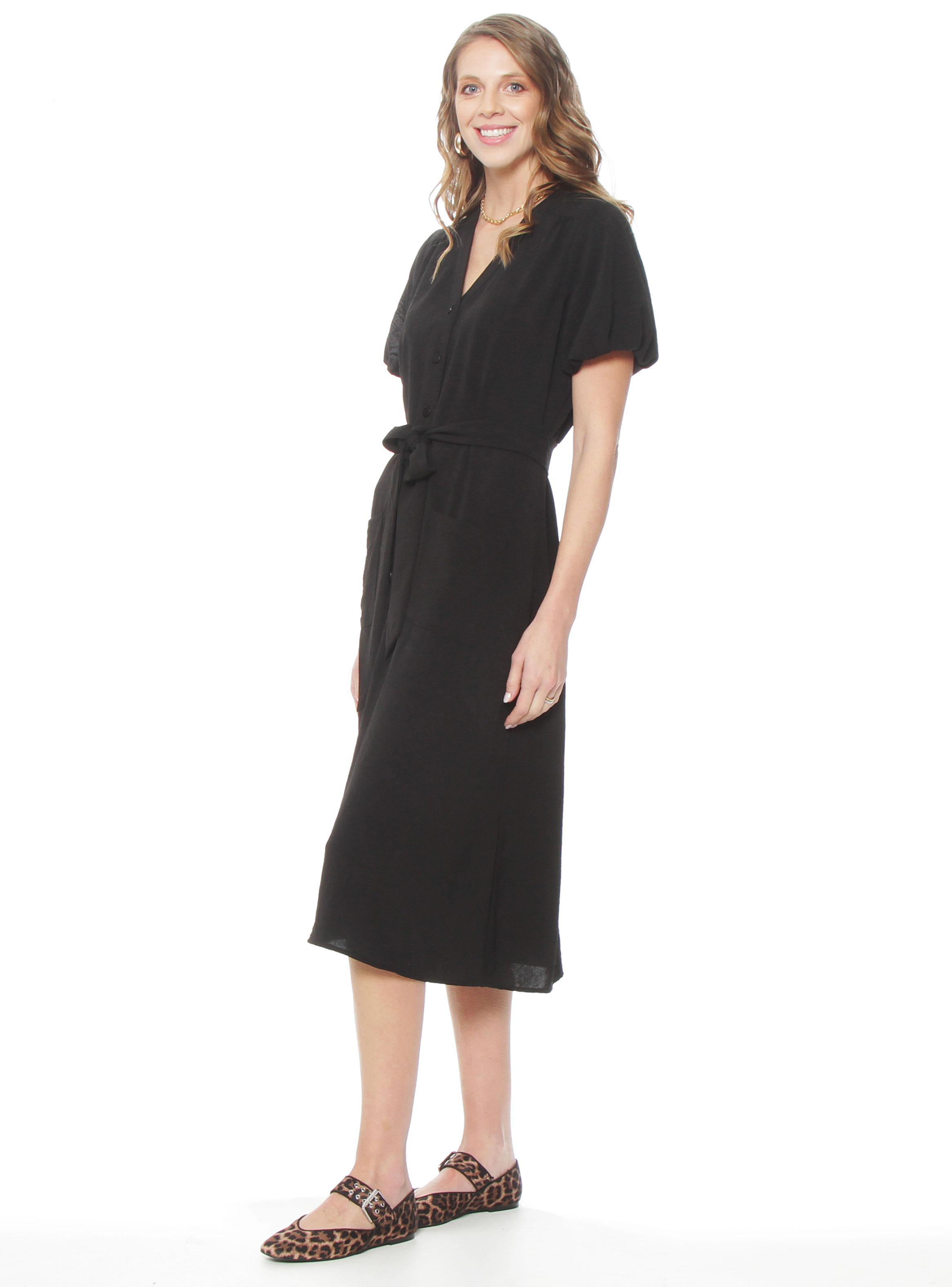 Vestido Manga Corta Sólido con Escote y Lazo-2