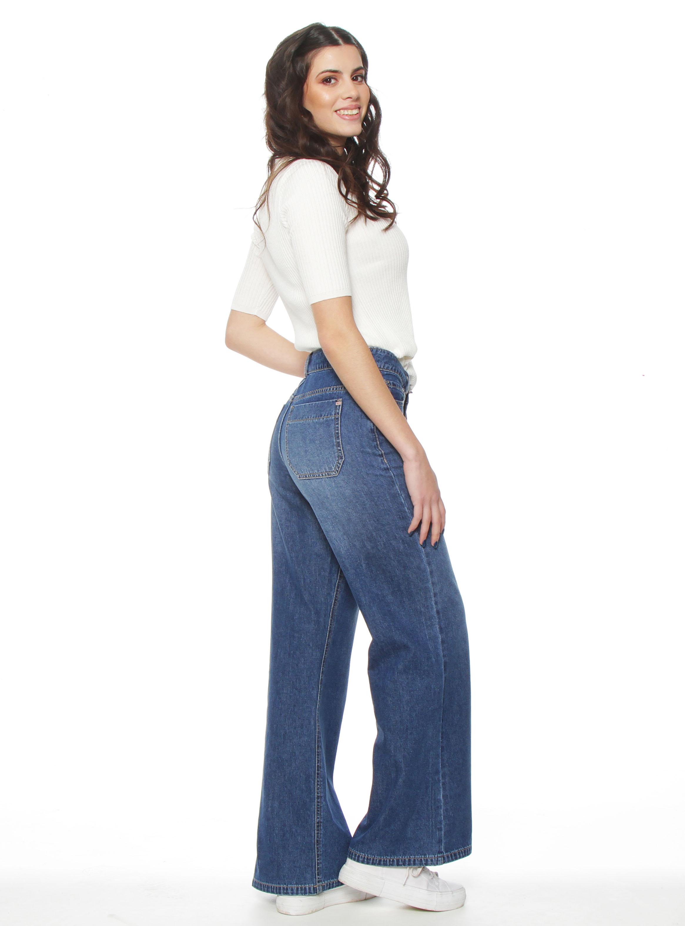 Jeans Wide Leg Tiro Alto Pretina Básica Pnk33-4