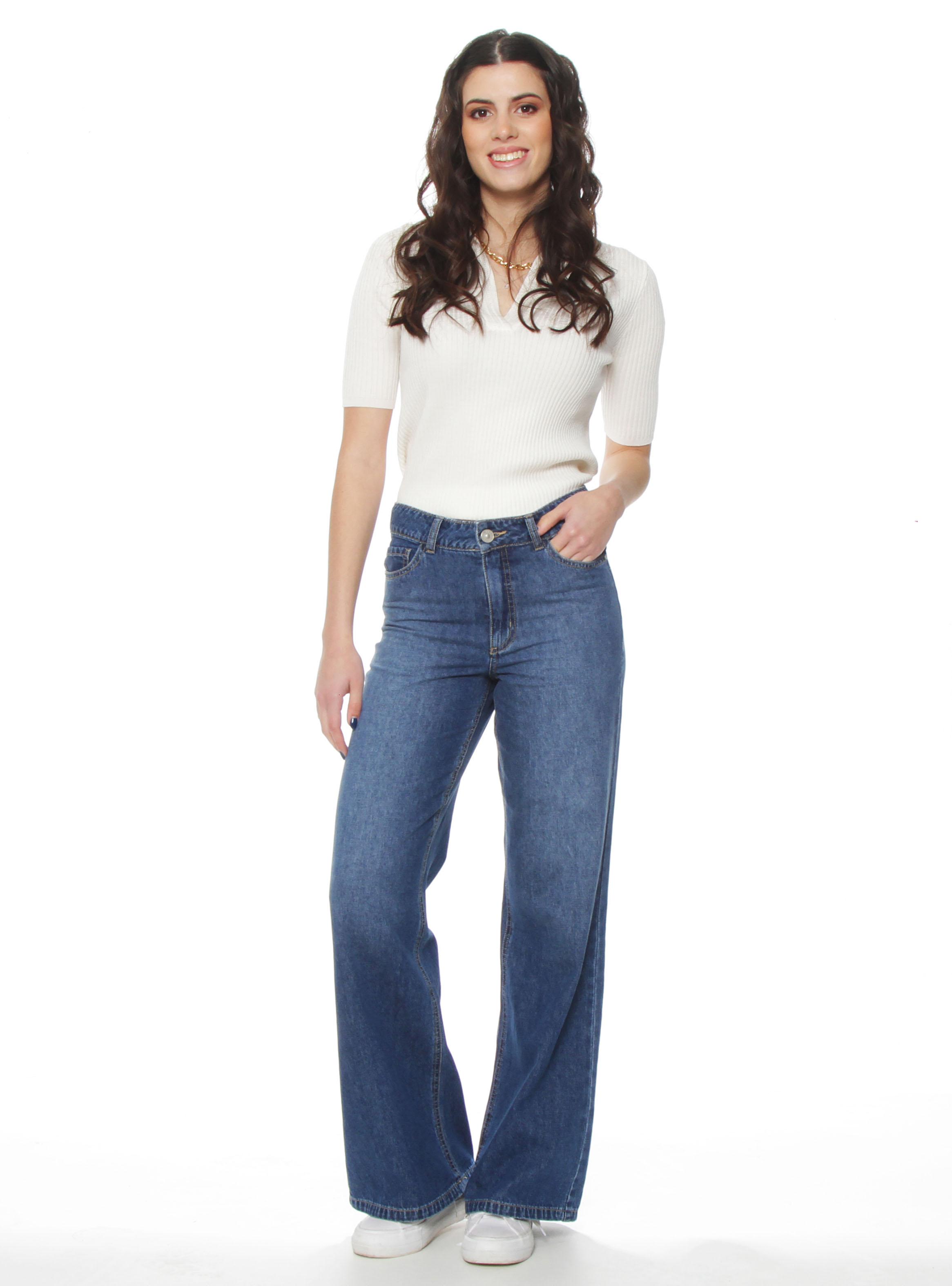 Jeans Wide Leg Tiro Alto Pretina Básica Pnk33-3