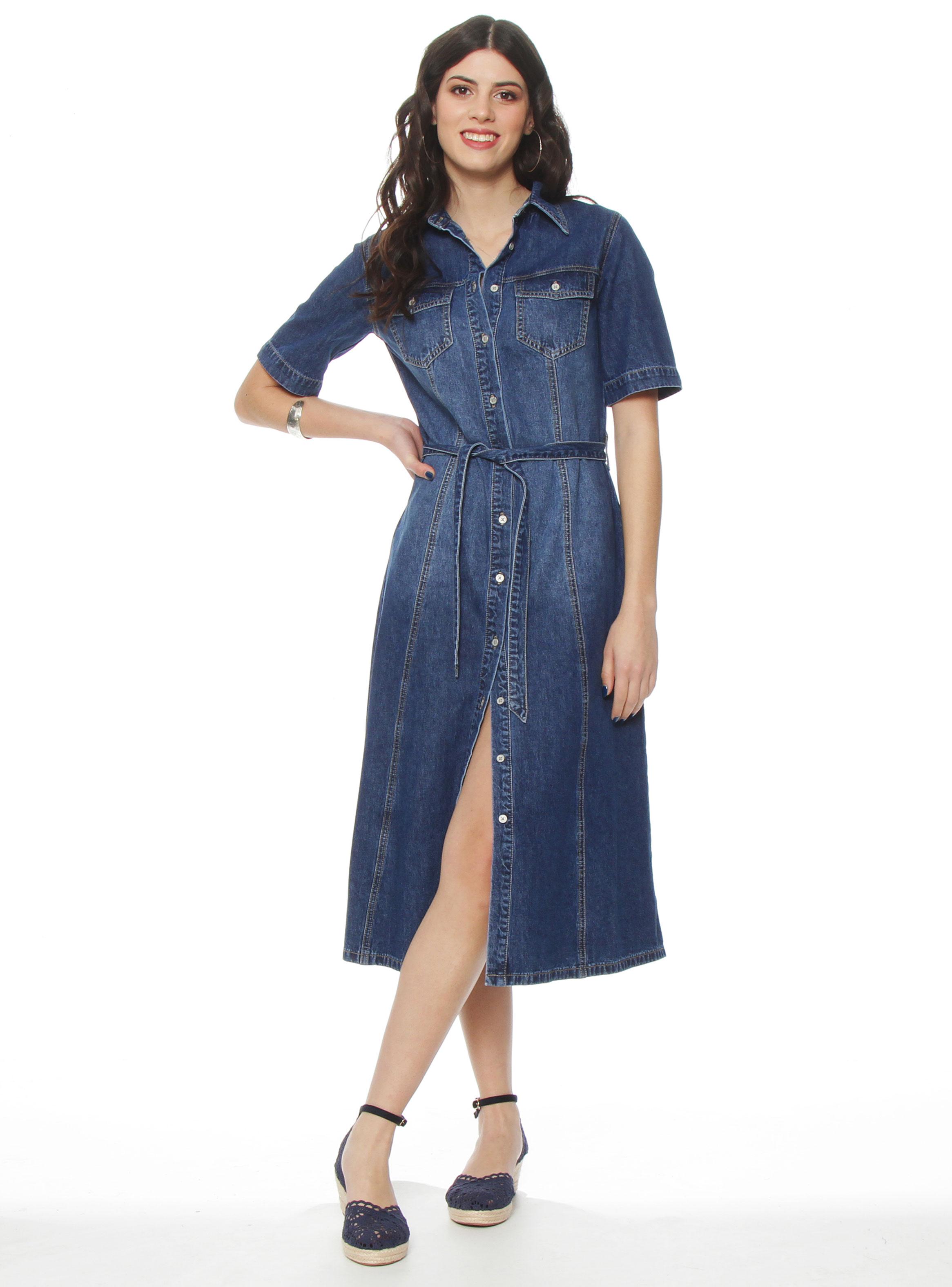 Vestido Manga Corta Denim Abotonado y Lazo en Cintura-2