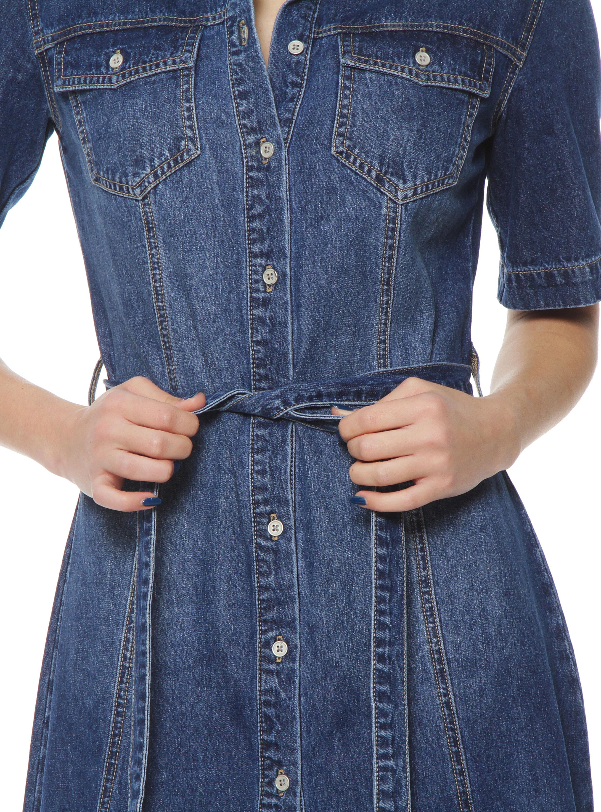 Vestido Manga Corta Denim Abotonado y Lazo en Cintura-3