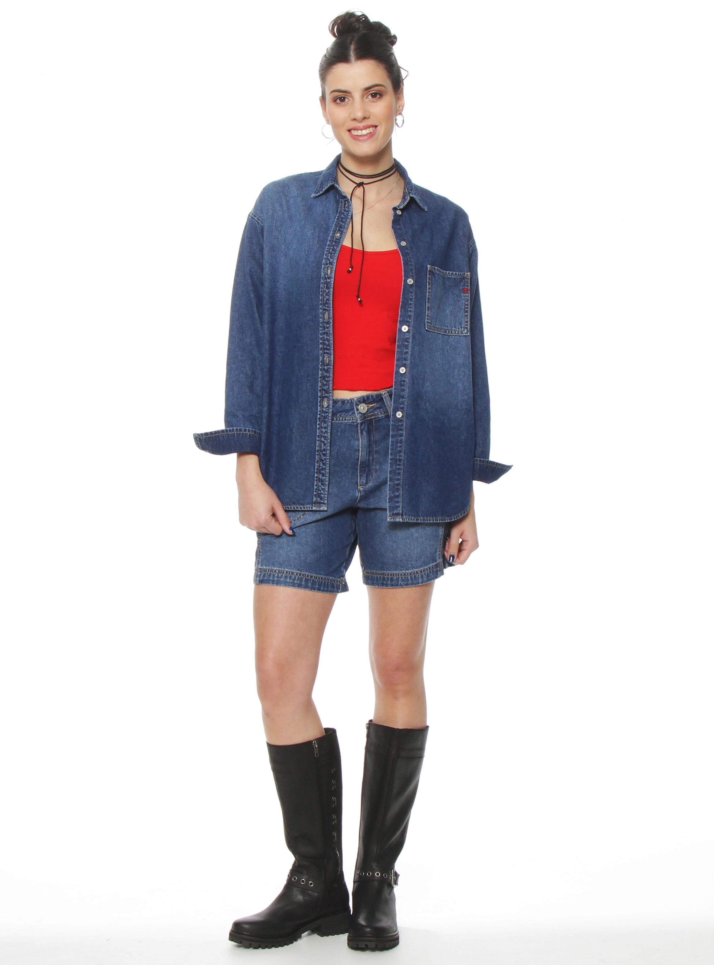 Blusa Denim Manga Larga Abotonada con Bolsillo-3