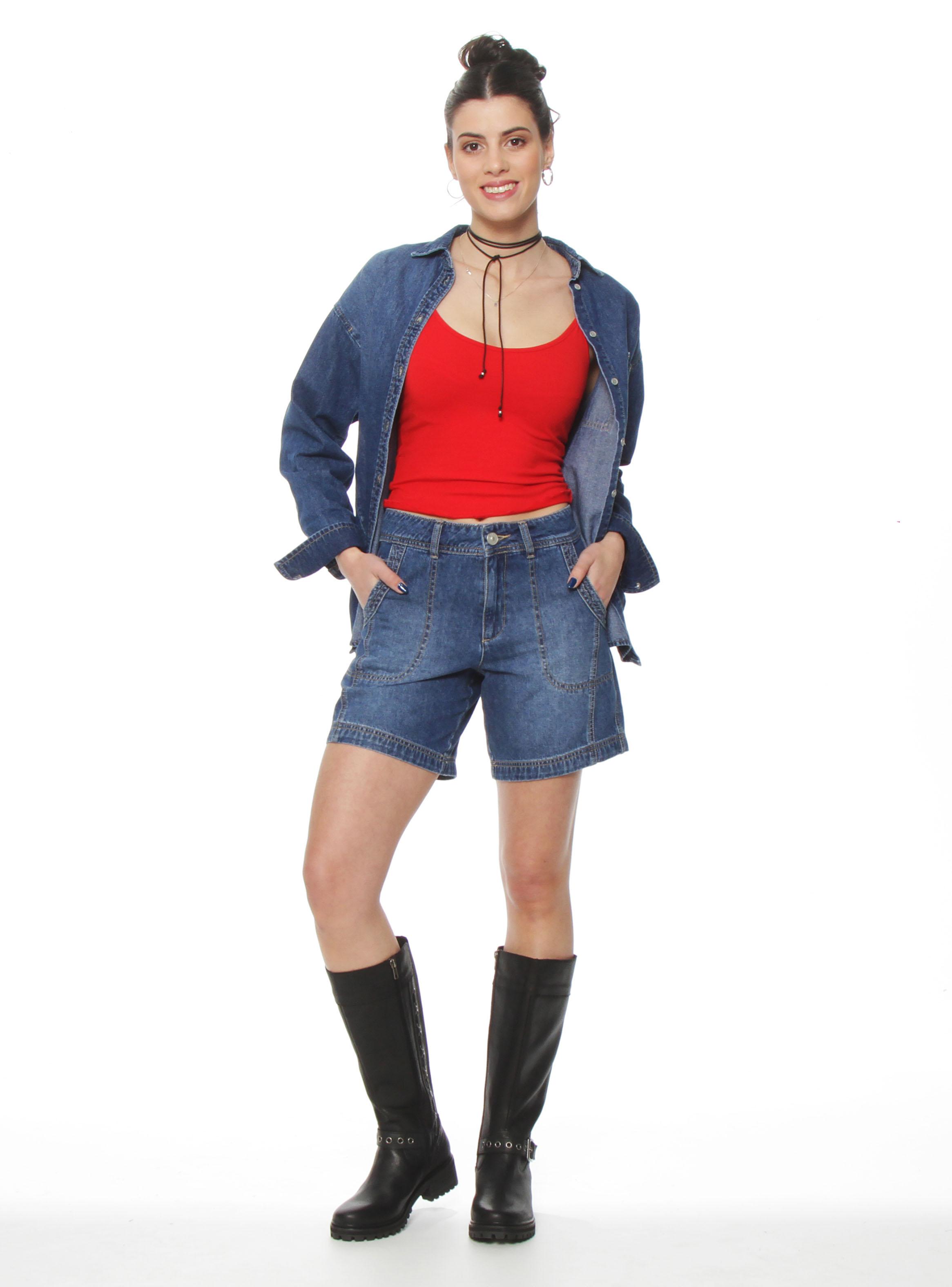 Short Denim Tiro Alto Pretina Básica 1 Botón-3