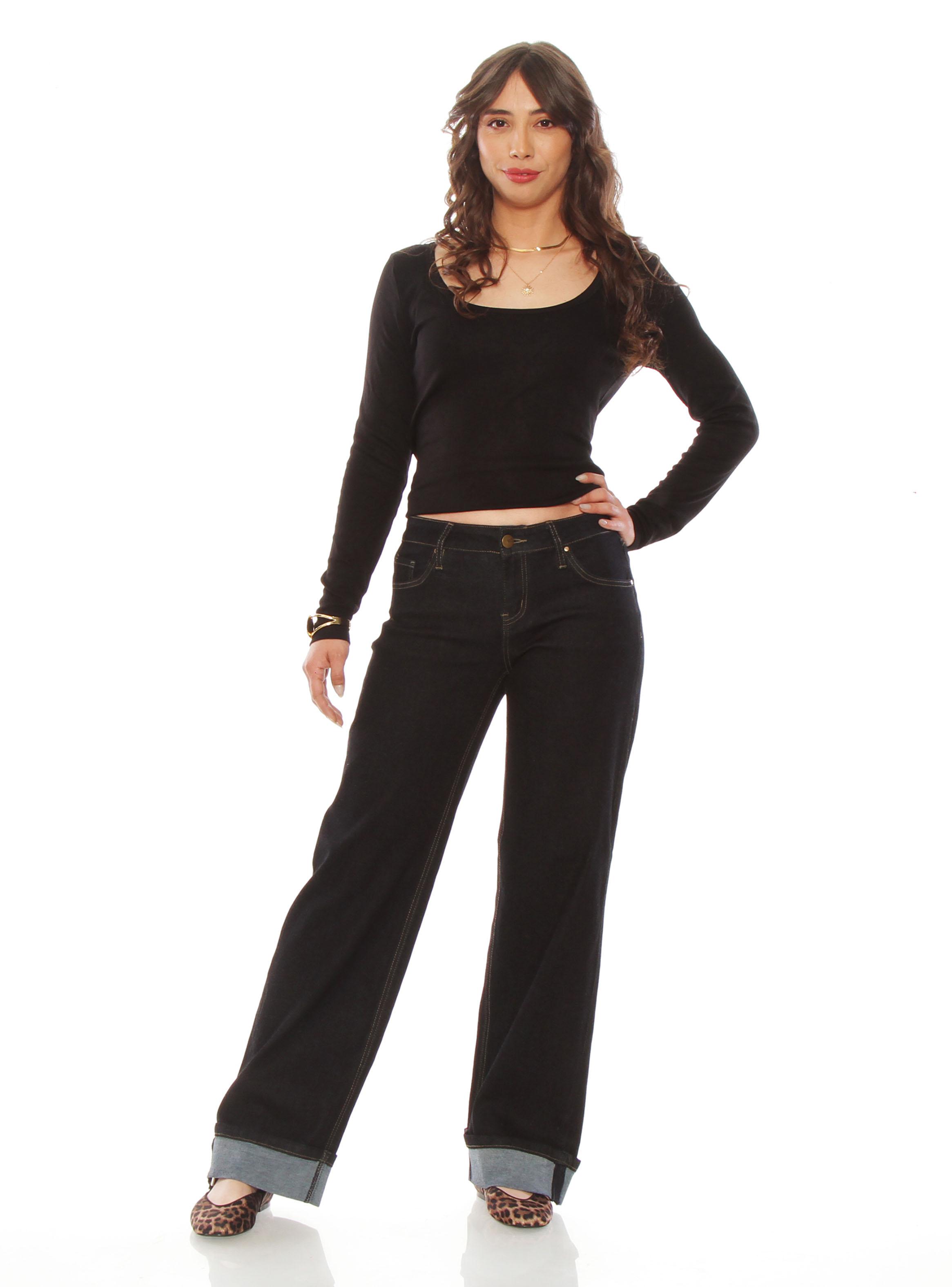 Jeans Wide Leg Cuffed Tiro Alto Pretina Básica-3