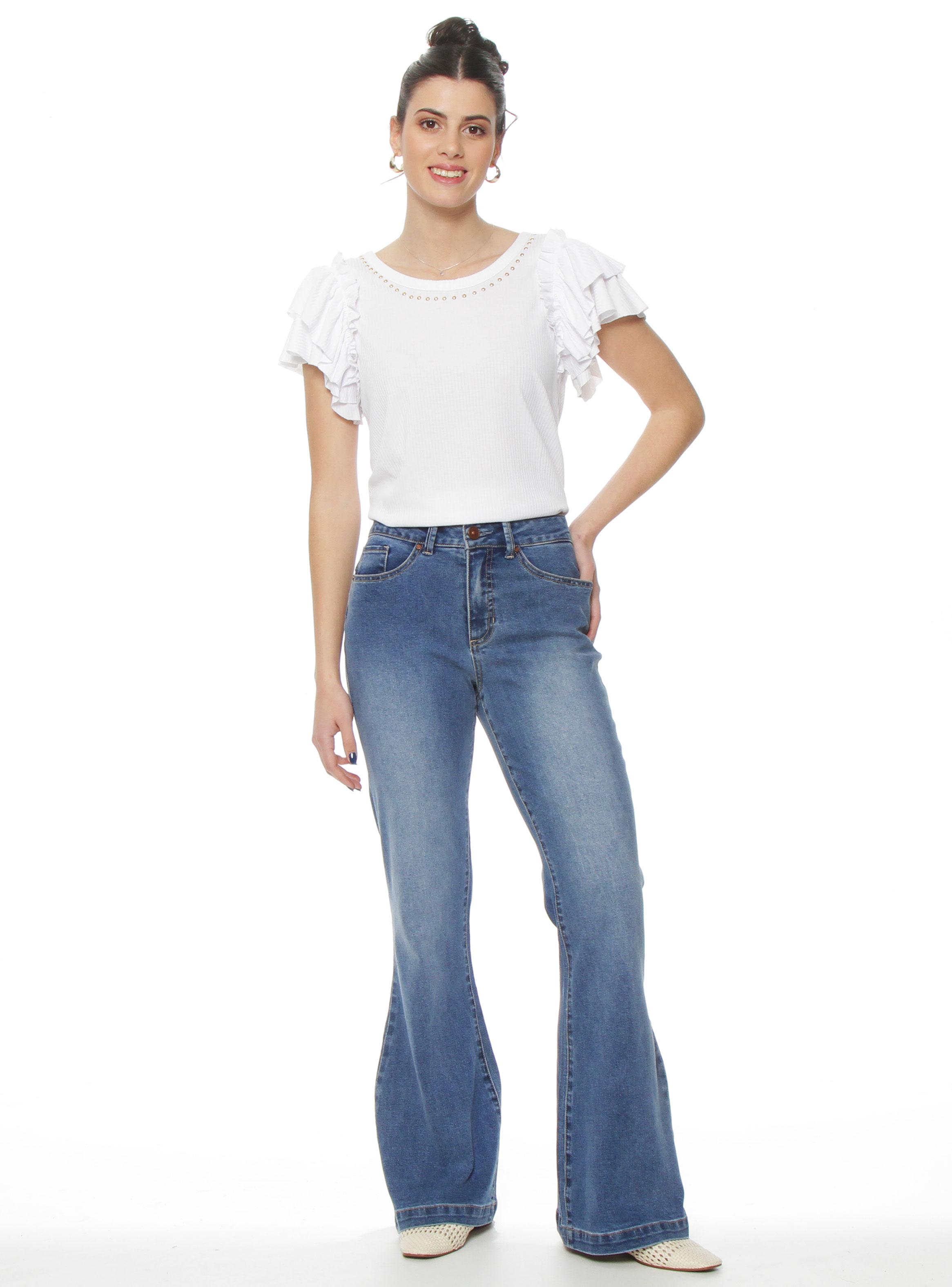 Jeans Flare Tiro Alto Pretina Básica 1 Botón P34-3
