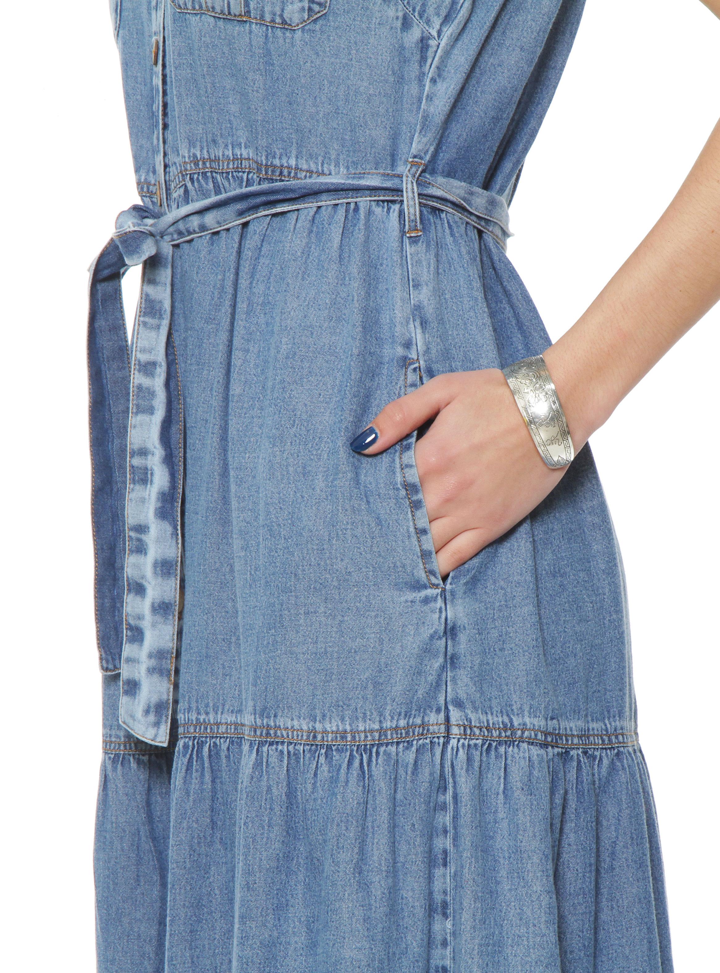 Vestido Denim Camisero de Manga Corta con Lazo-2