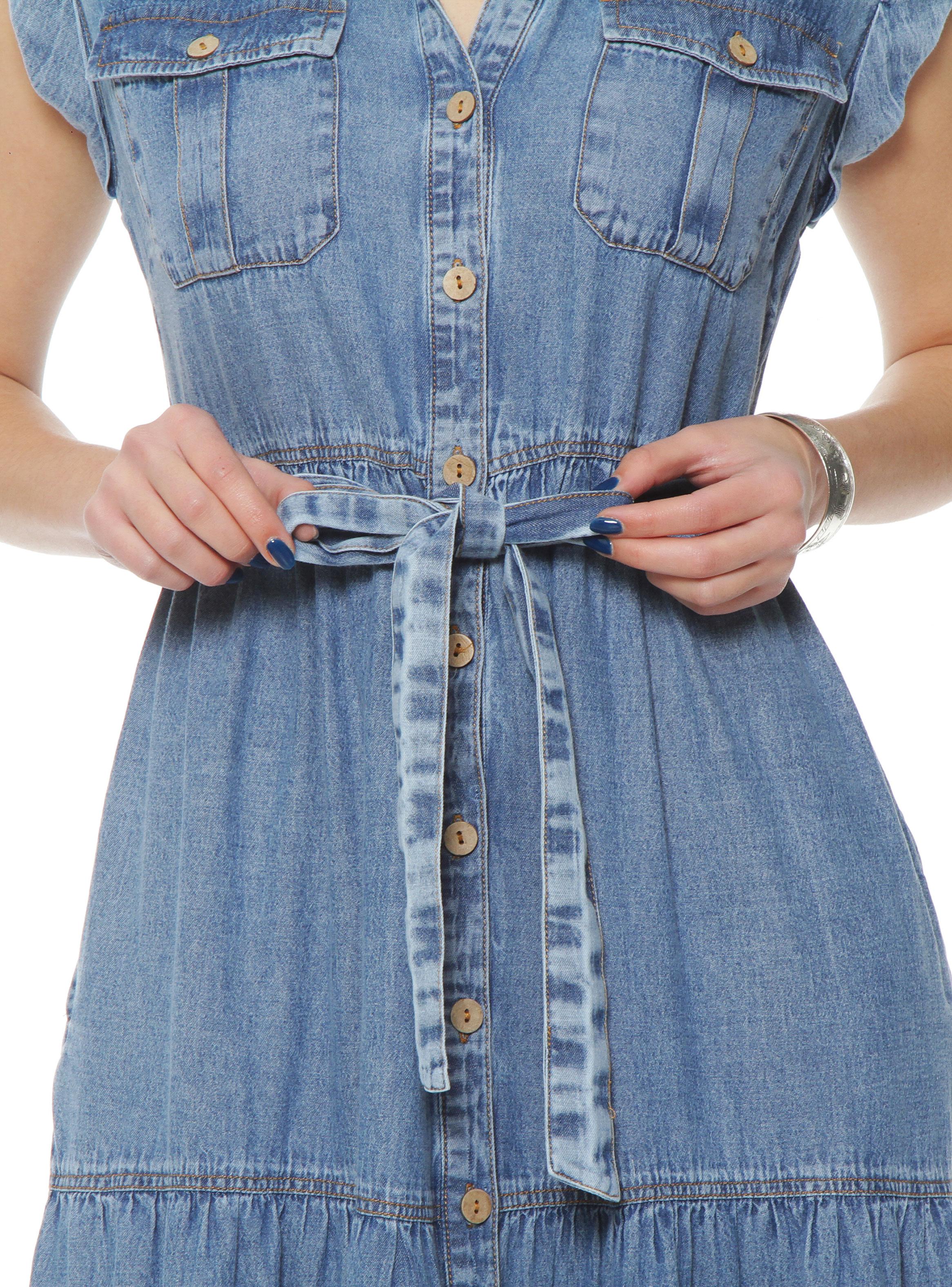 Vestido Denim Camisero de Manga Corta con Lazo-3