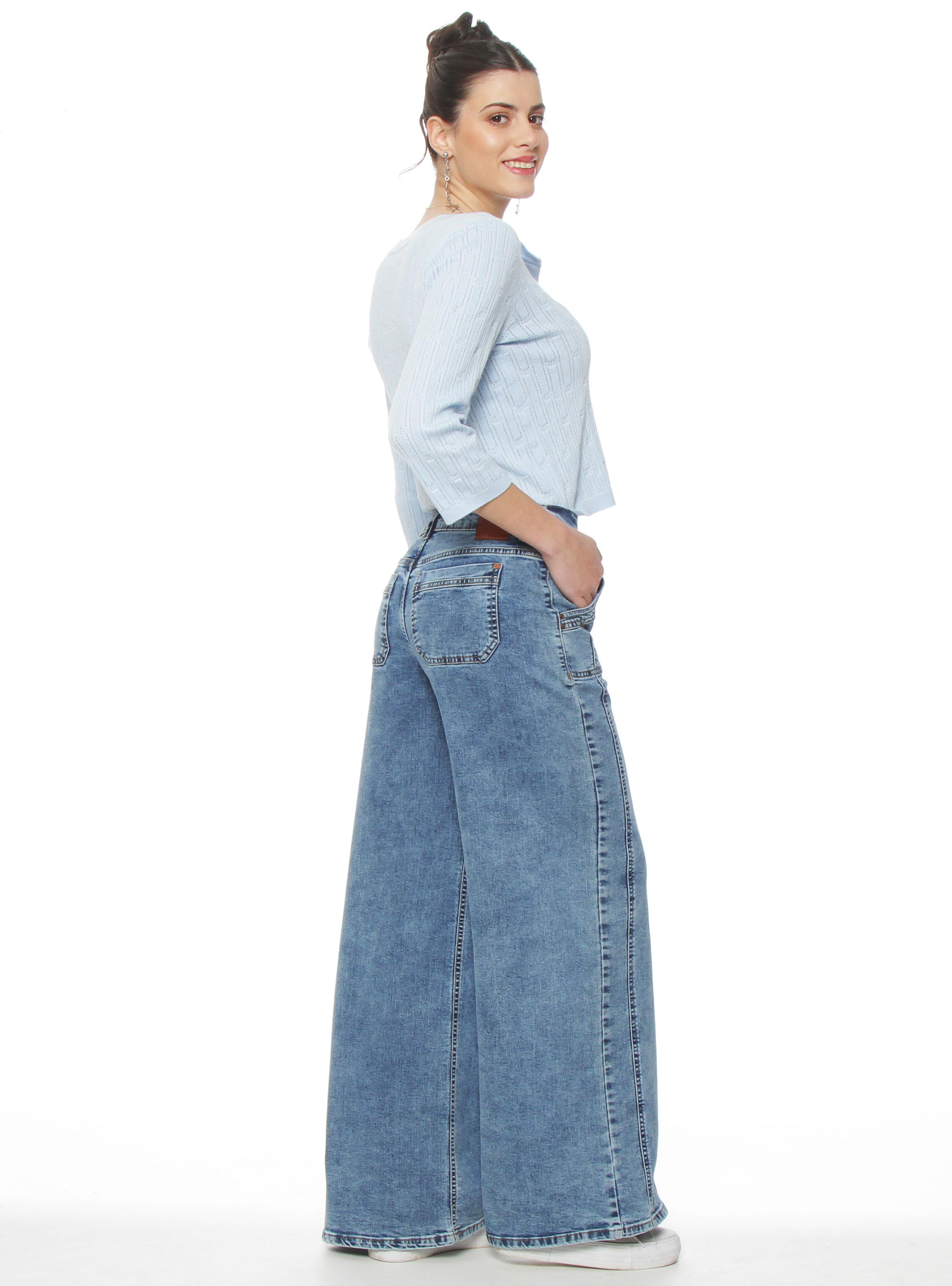 Jeans Cargo Wide Leg Tiro Alto Pretina Básica 1 Botón Costadillo-4