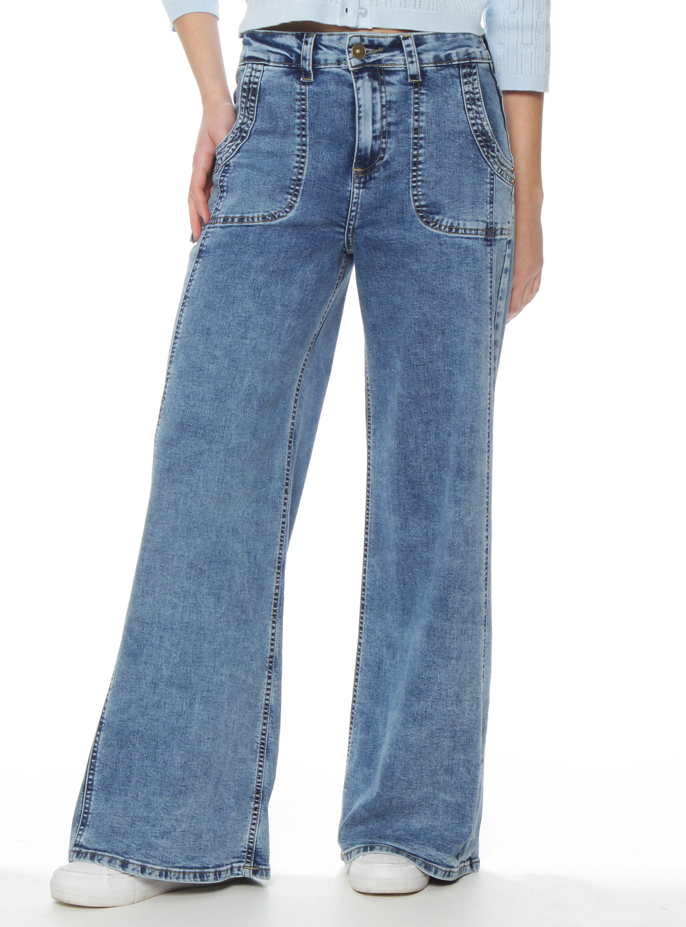 Jeans Cargo Wide Leg Tiro Alto Pretina Básica 1 Botón Costadillo-0