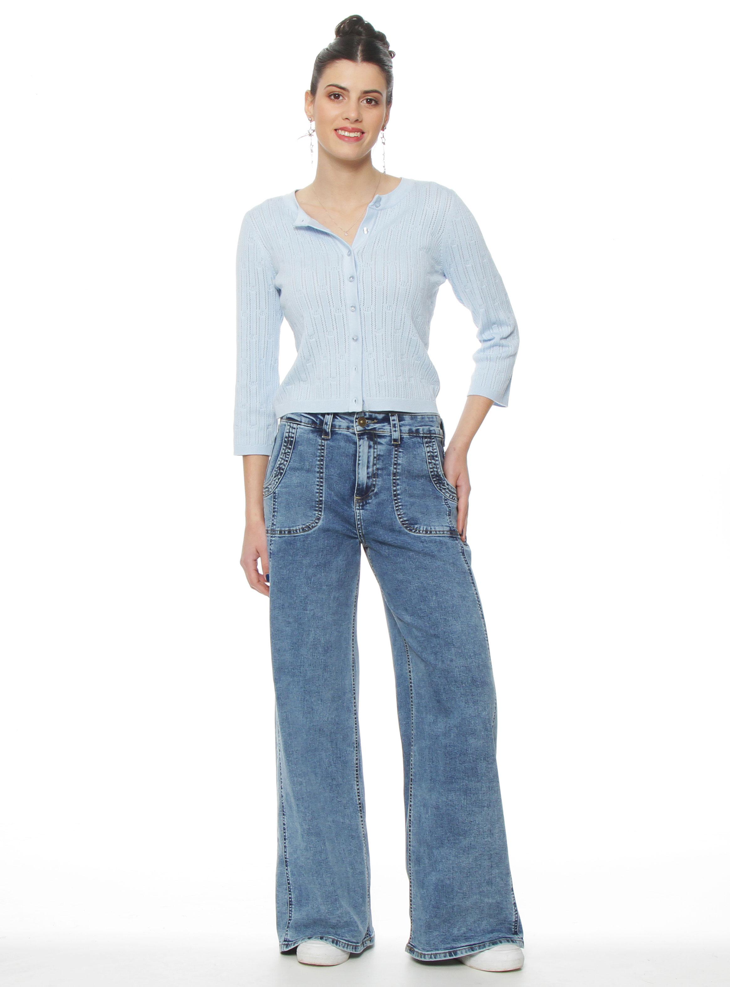 Jeans Cargo Wide Leg Tiro Alto Pretina Básica 1 Botón Costadillo-3