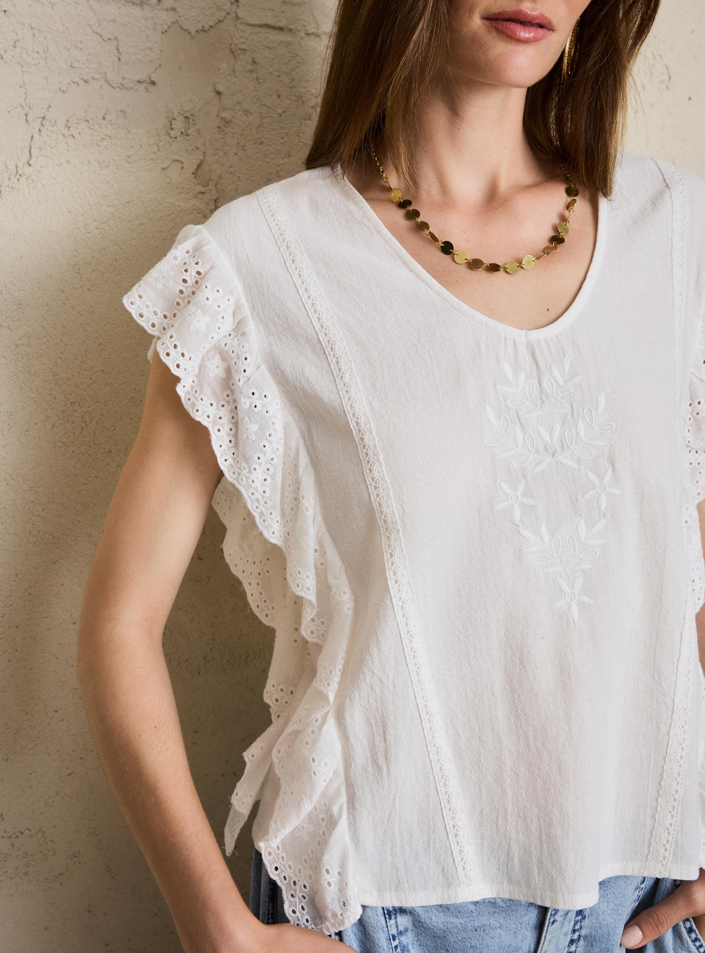 Polera Mezcla de Telas con Bordado Frontal y Vuelo-2