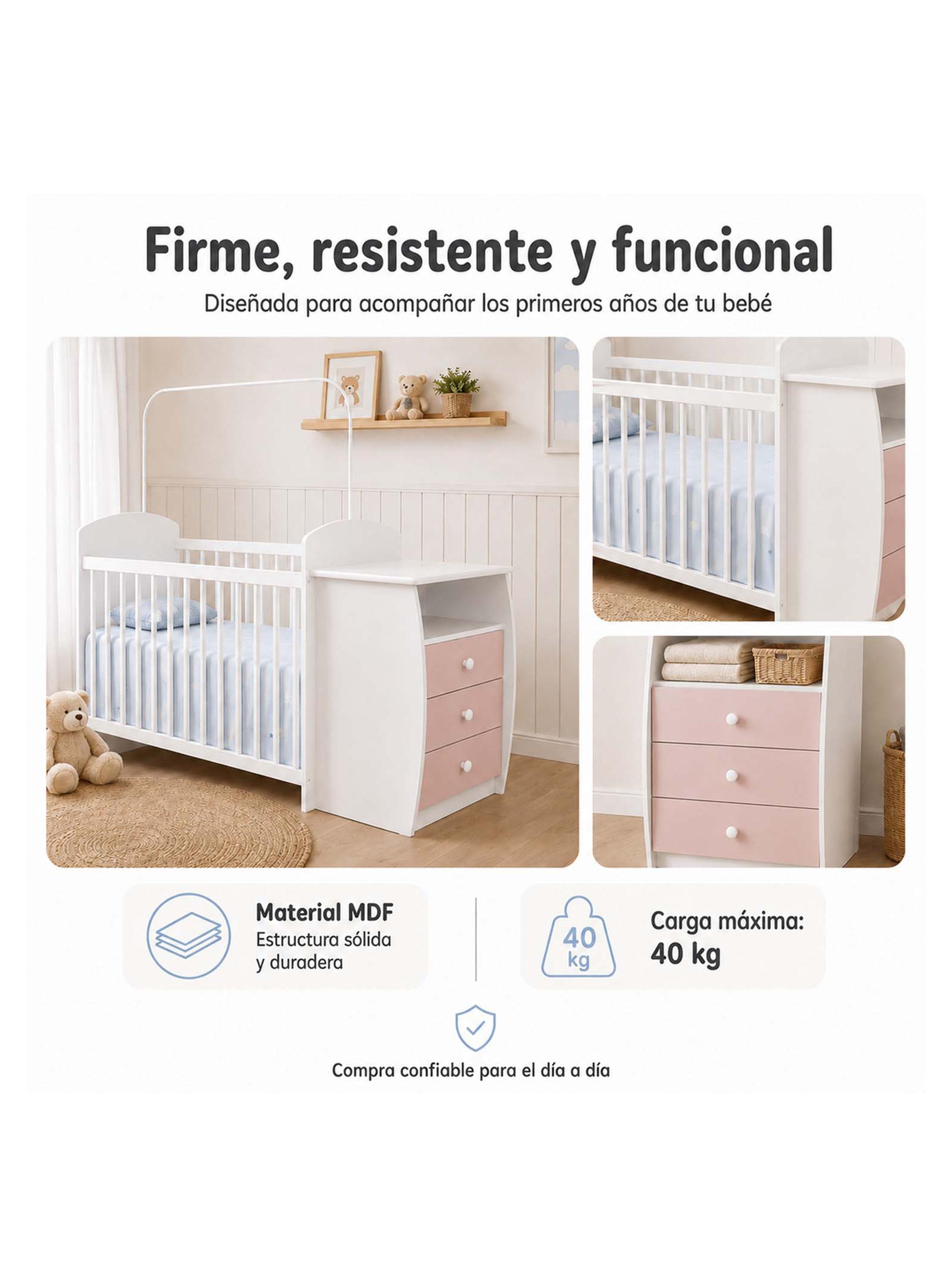 Cuna con Cómoda Mudador Bambini Rosado-4