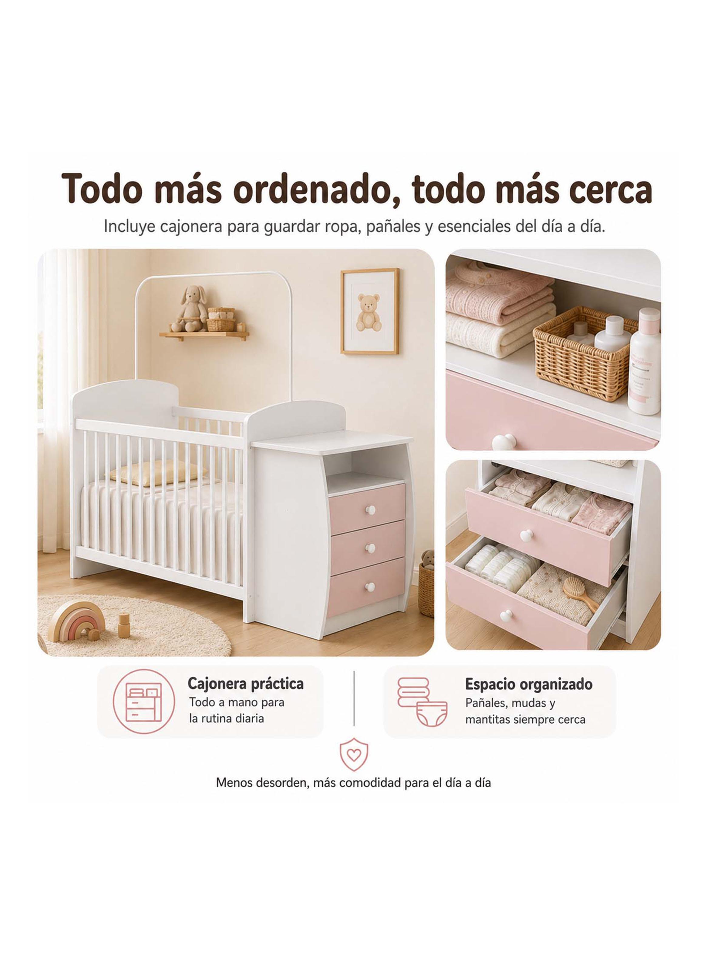 Cuna con Cómoda Mudador Bambini Rosado-5