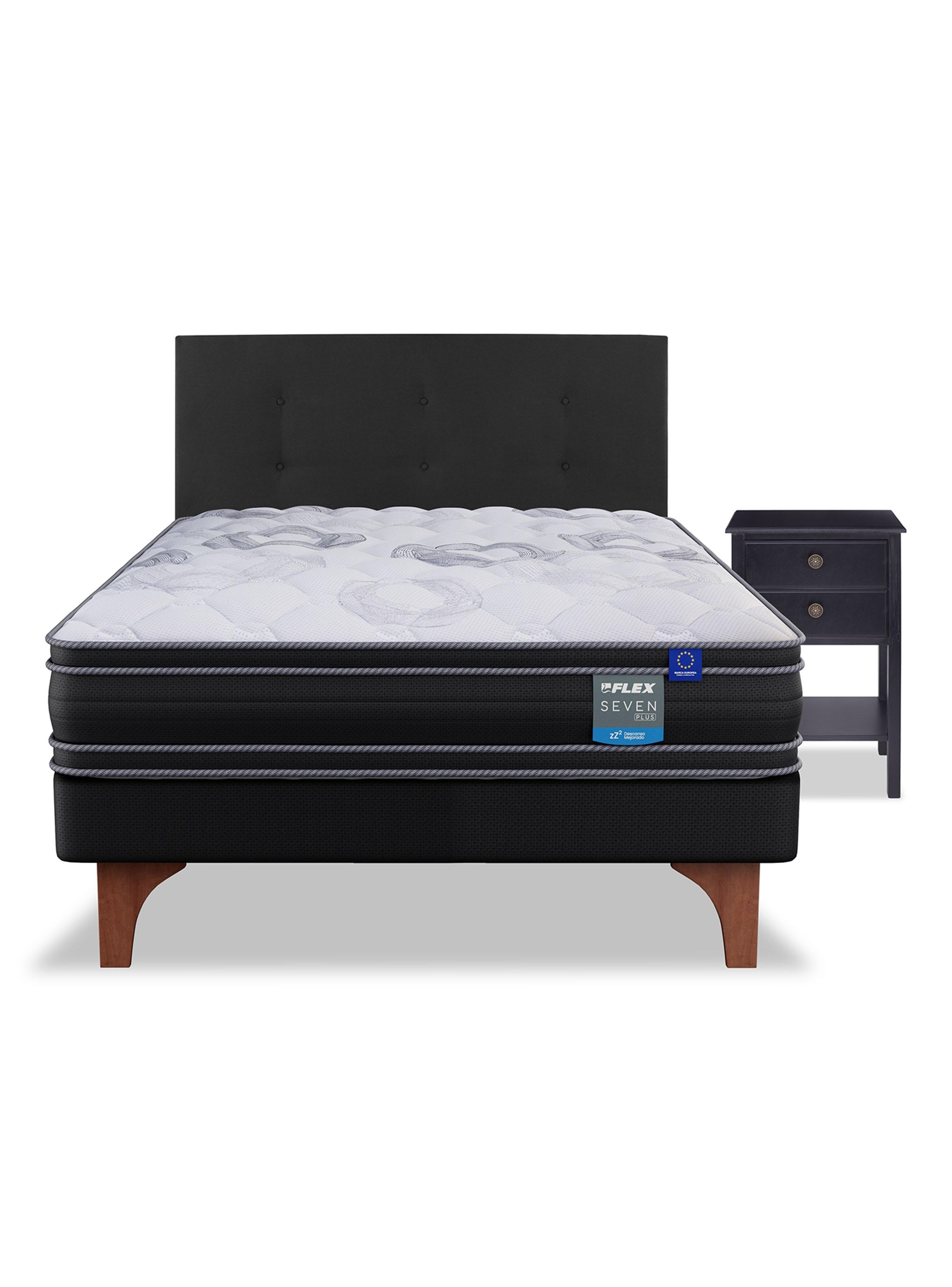 Cama Europea Seven Plus 1.5 Plazas Box + Respaldo Royal Negro + Velador Rover-2