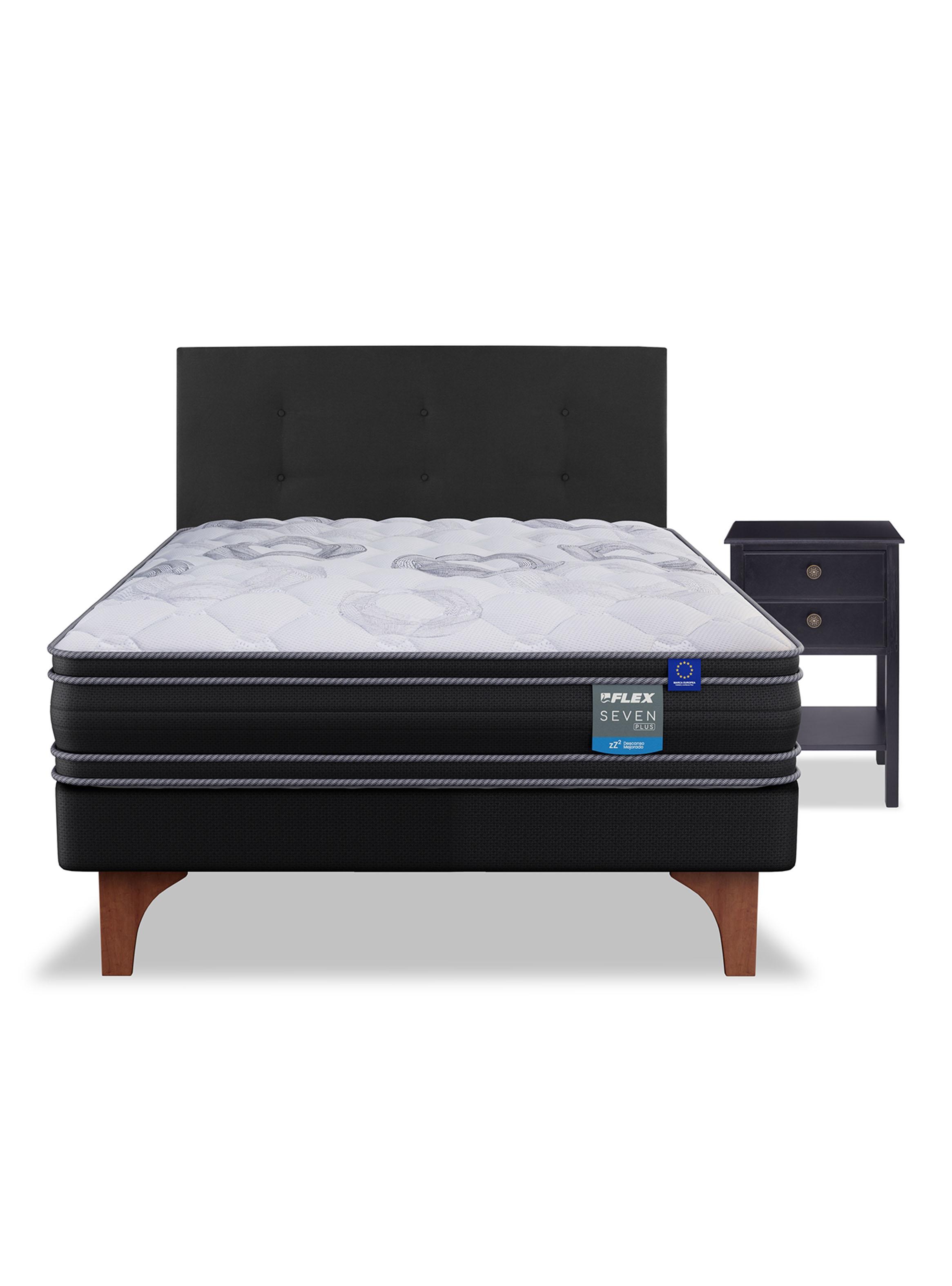 Cama Europea Seven Plus 1.5 Plazas Box + Respaldo Royal Negro + Velador Rover-2