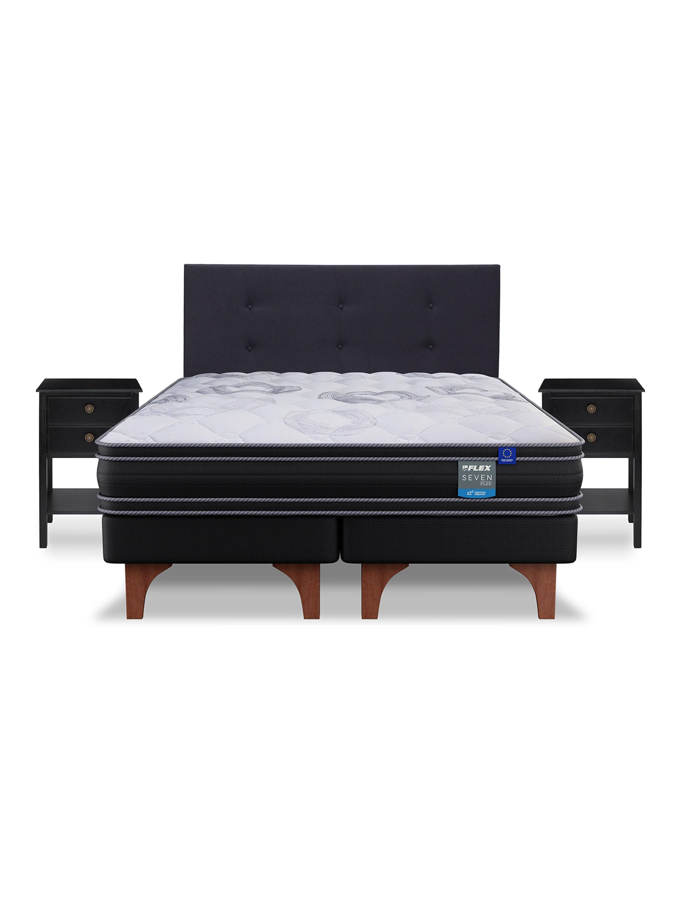 Cama Europea Seven Plus 2 Plazas Box Base Dividida + Respaldo Royal Negro + Velador Rover-2