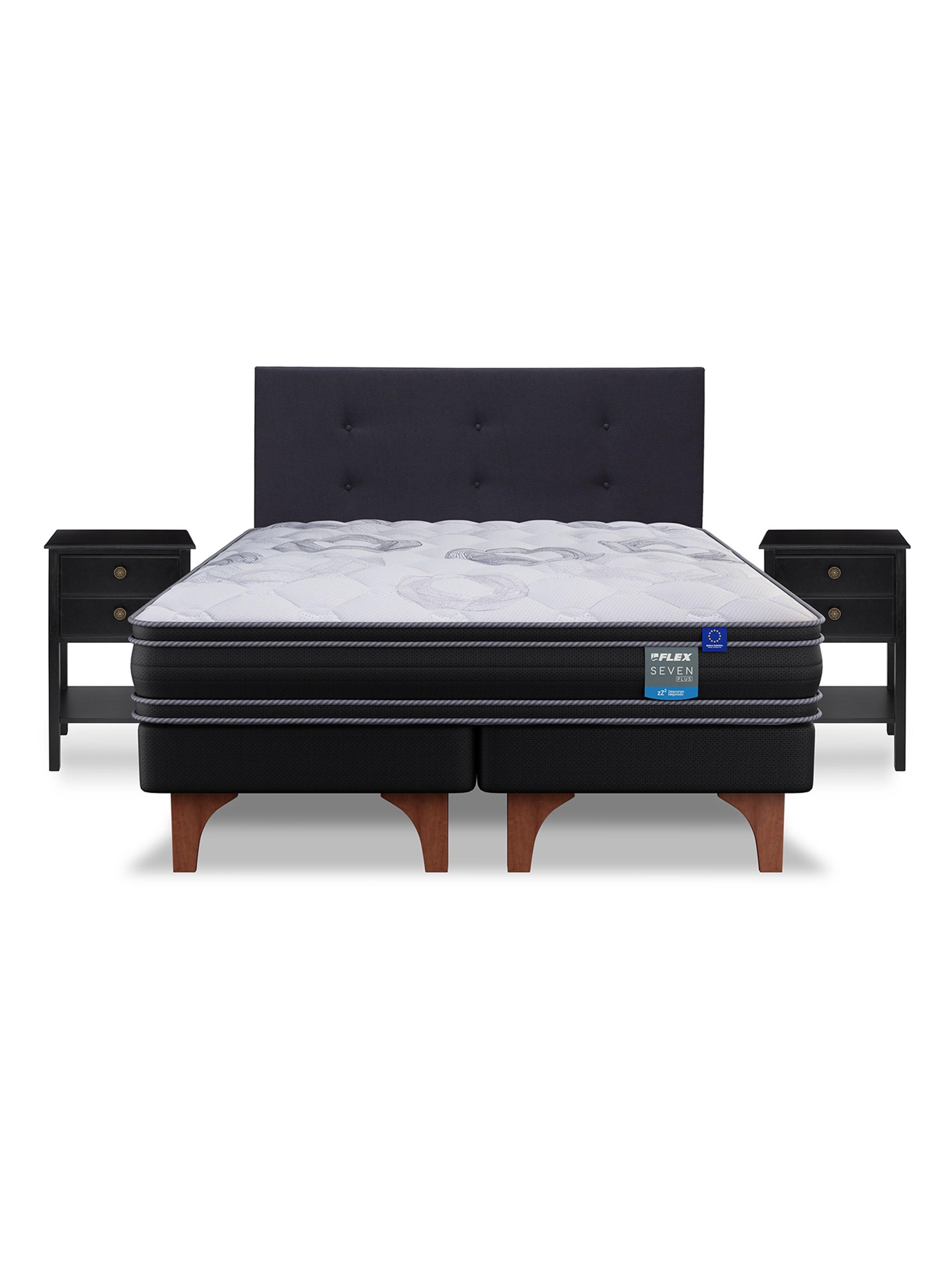 Cama Europea Seven Plus 2 Plazas Box Base Dividida + Respaldo Royal Negro + Velador Rover-2