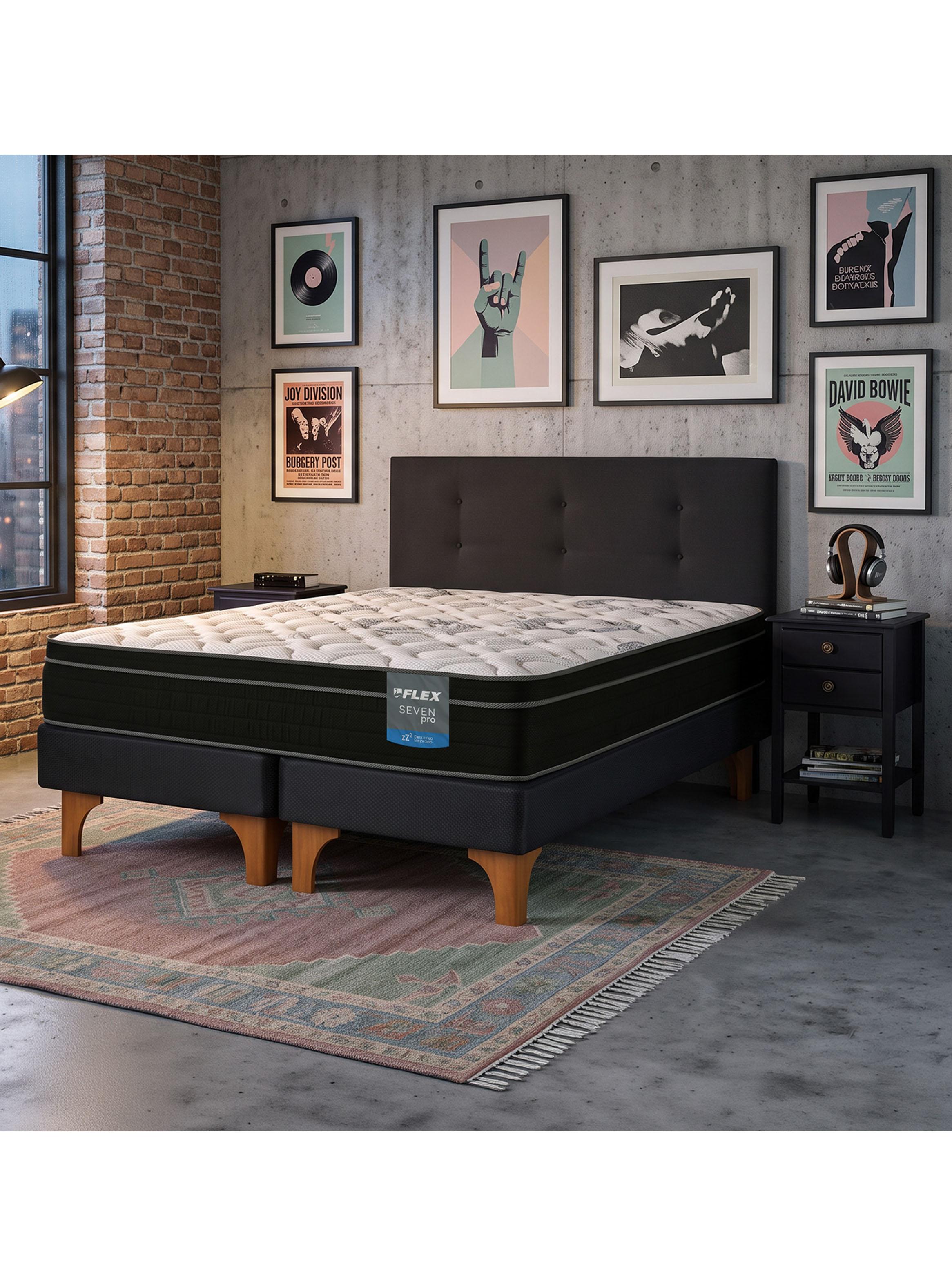 Cama Europea Seven Pro 2 Plazas Box BD + Respaldo Royal + Velador Rover-5