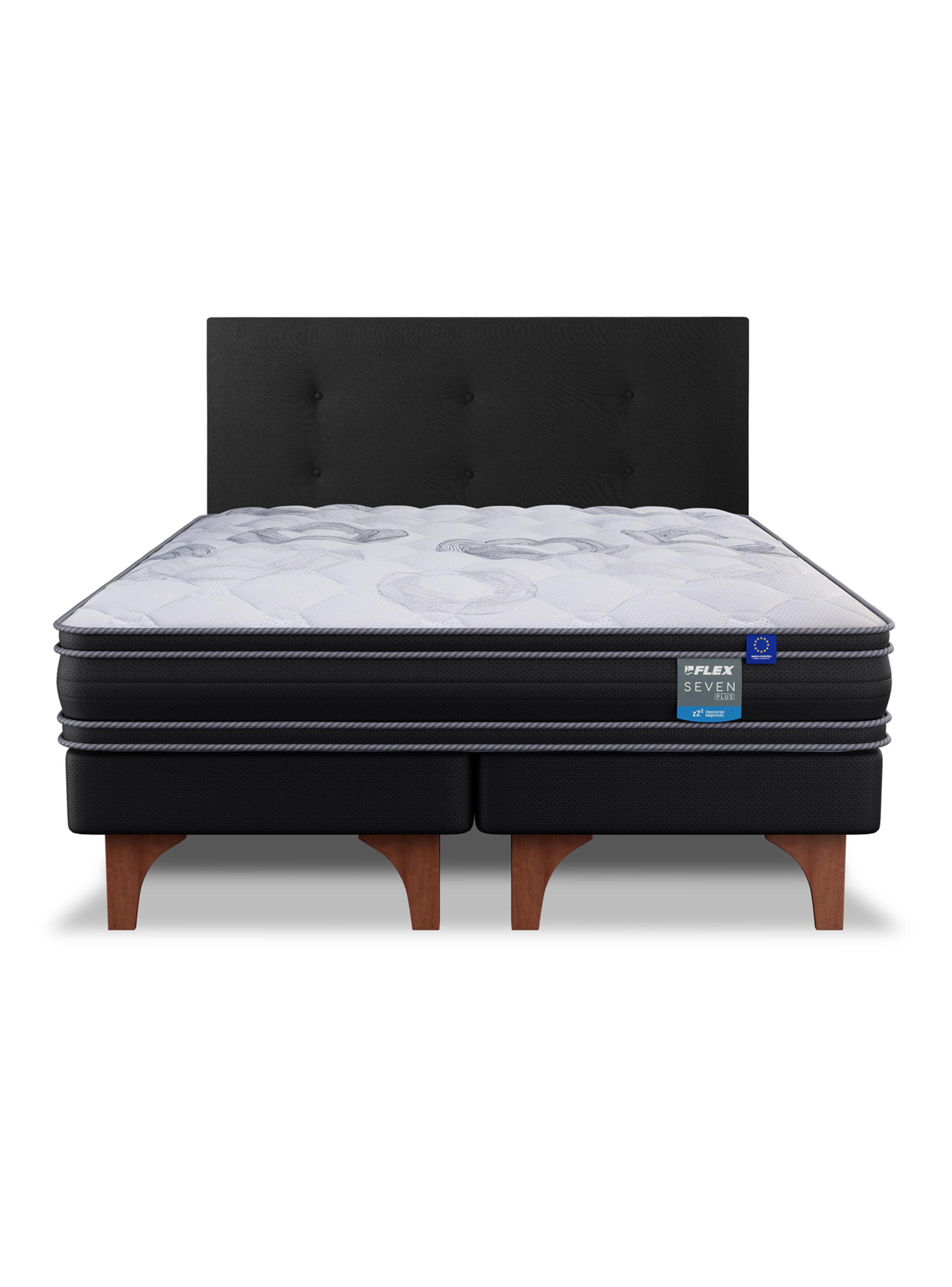 Cama Europea Seven Plus 2 Plazas Box Base Dividida + Respaldo Royal Negro-2