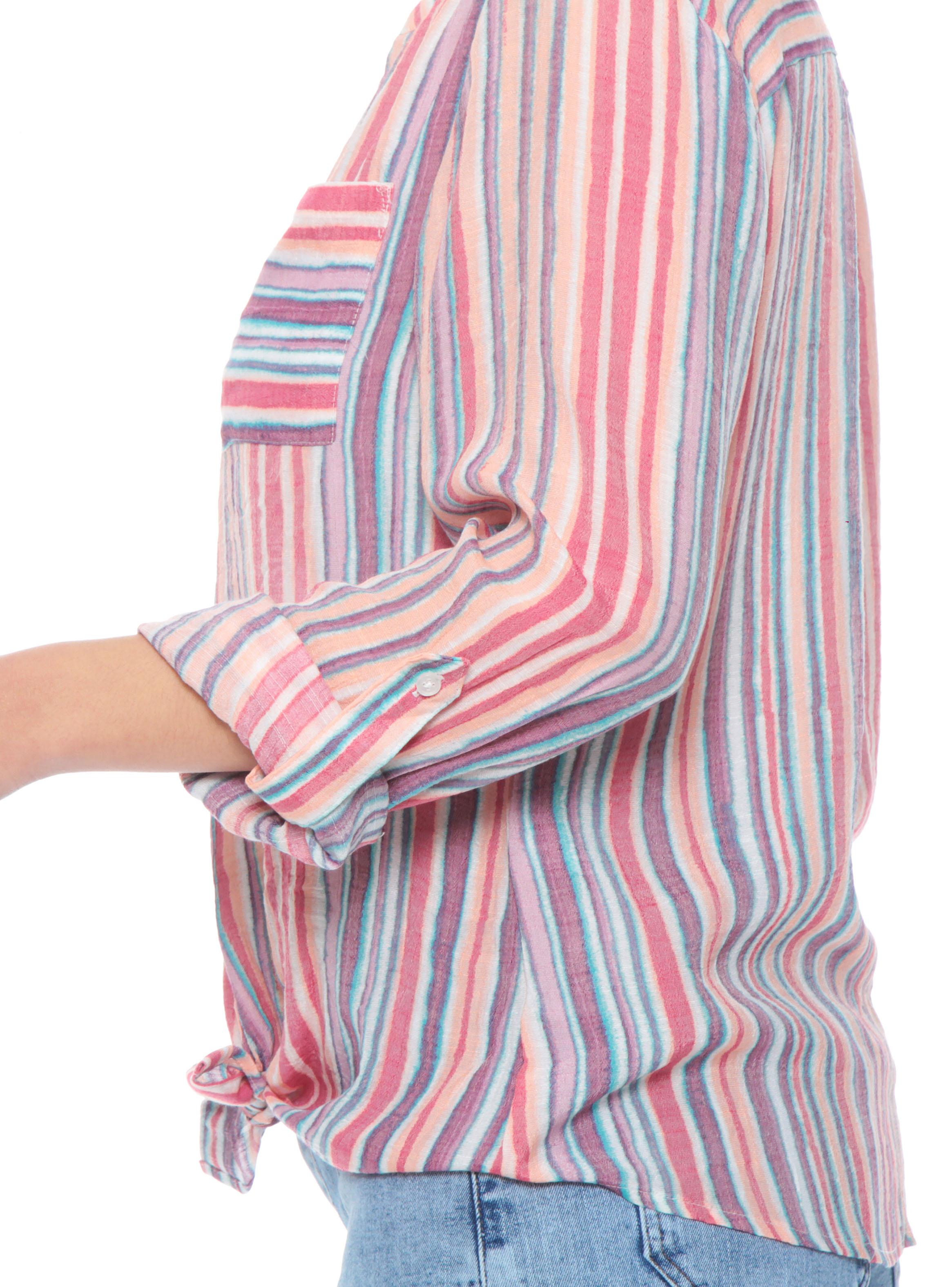 Blusa Manga Larga Listada Cuello Mao Abotonada-2