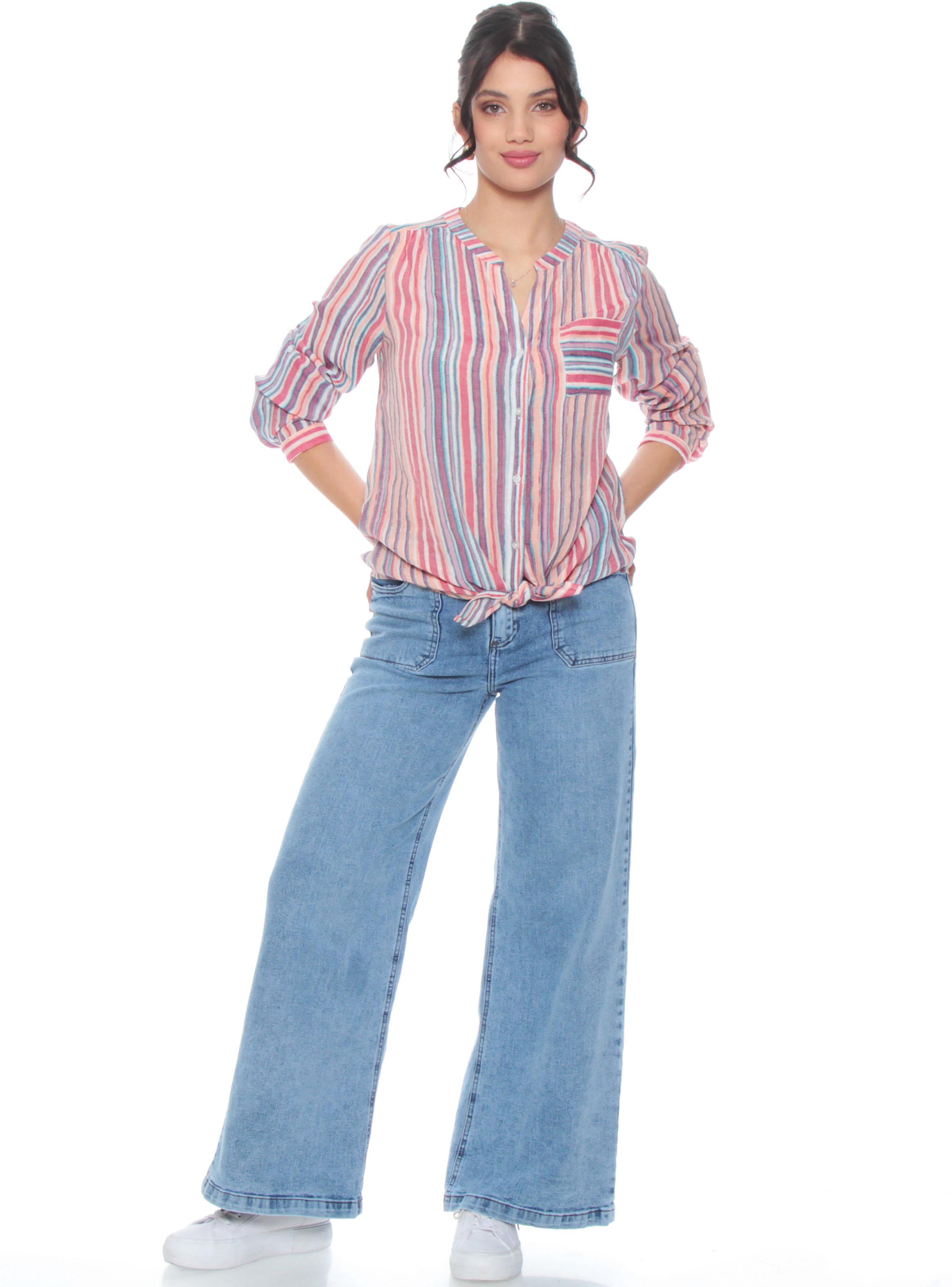 Blusa Manga Larga Listada Cuello Mao Abotonada-3