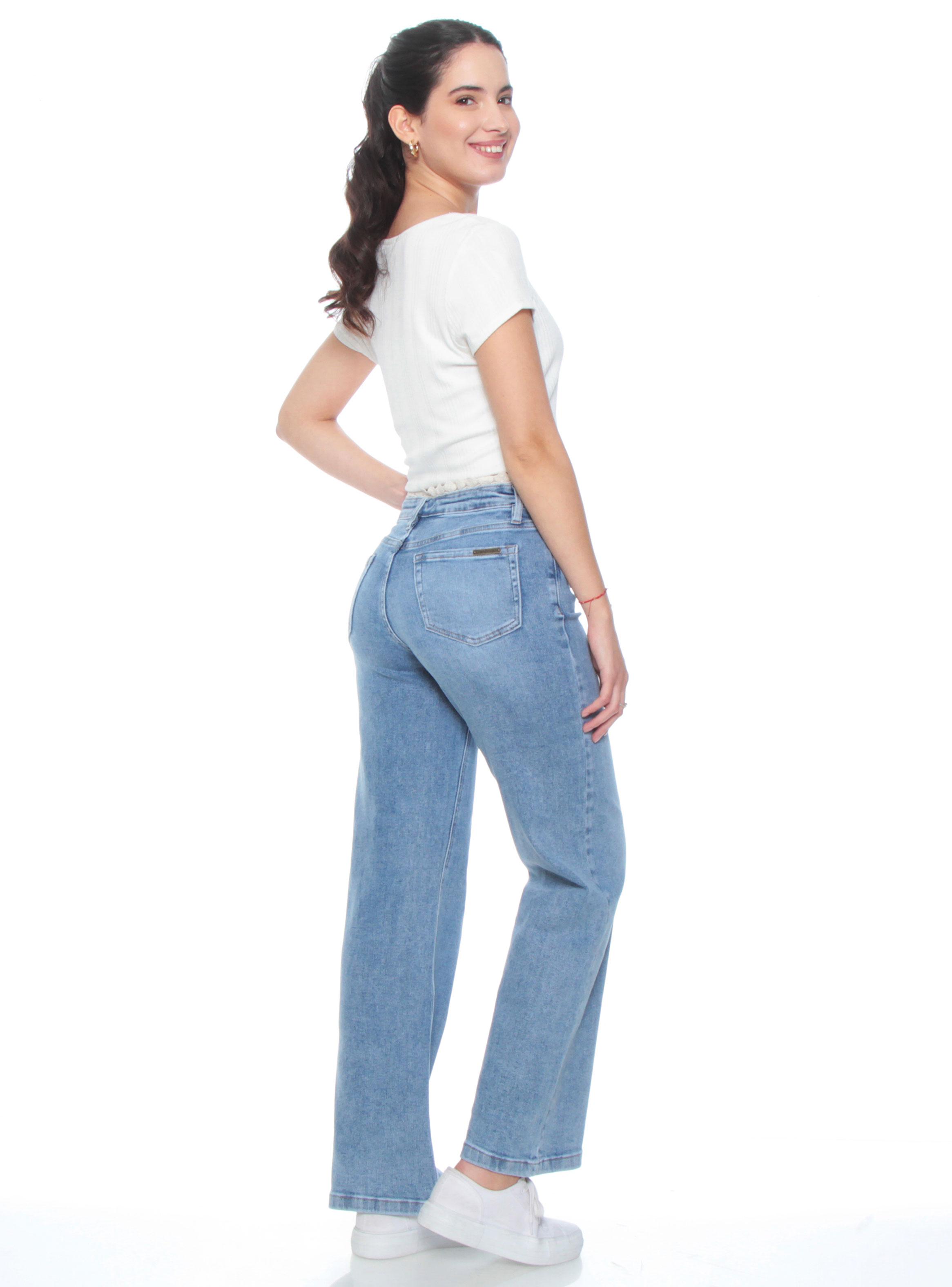 Jeans Wide Leg Tiro Medio con Aplicación en Pretina Básica-4