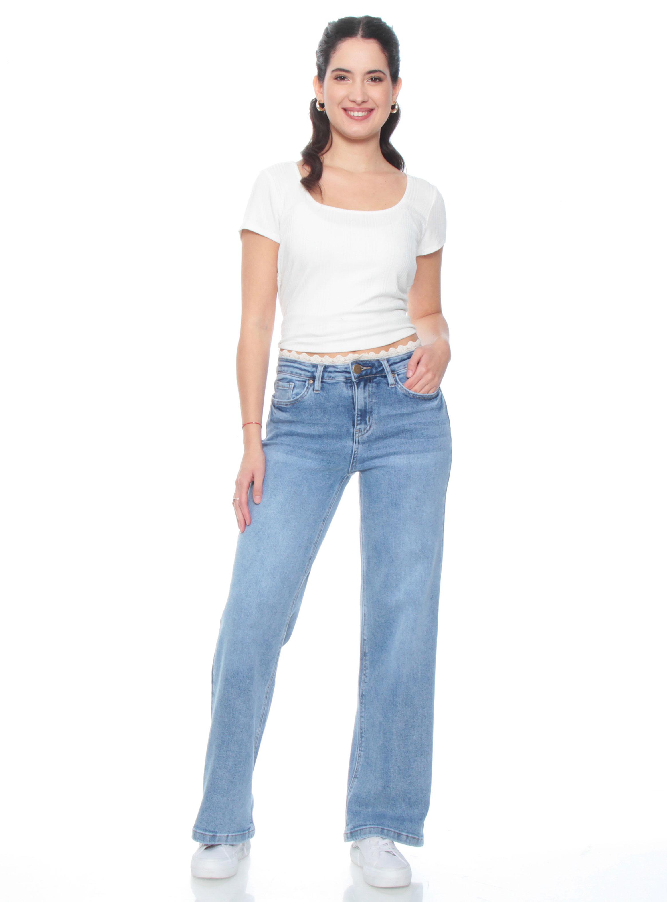 Jeans Wide Leg Tiro Medio con Aplicación en Pretina Básica-3