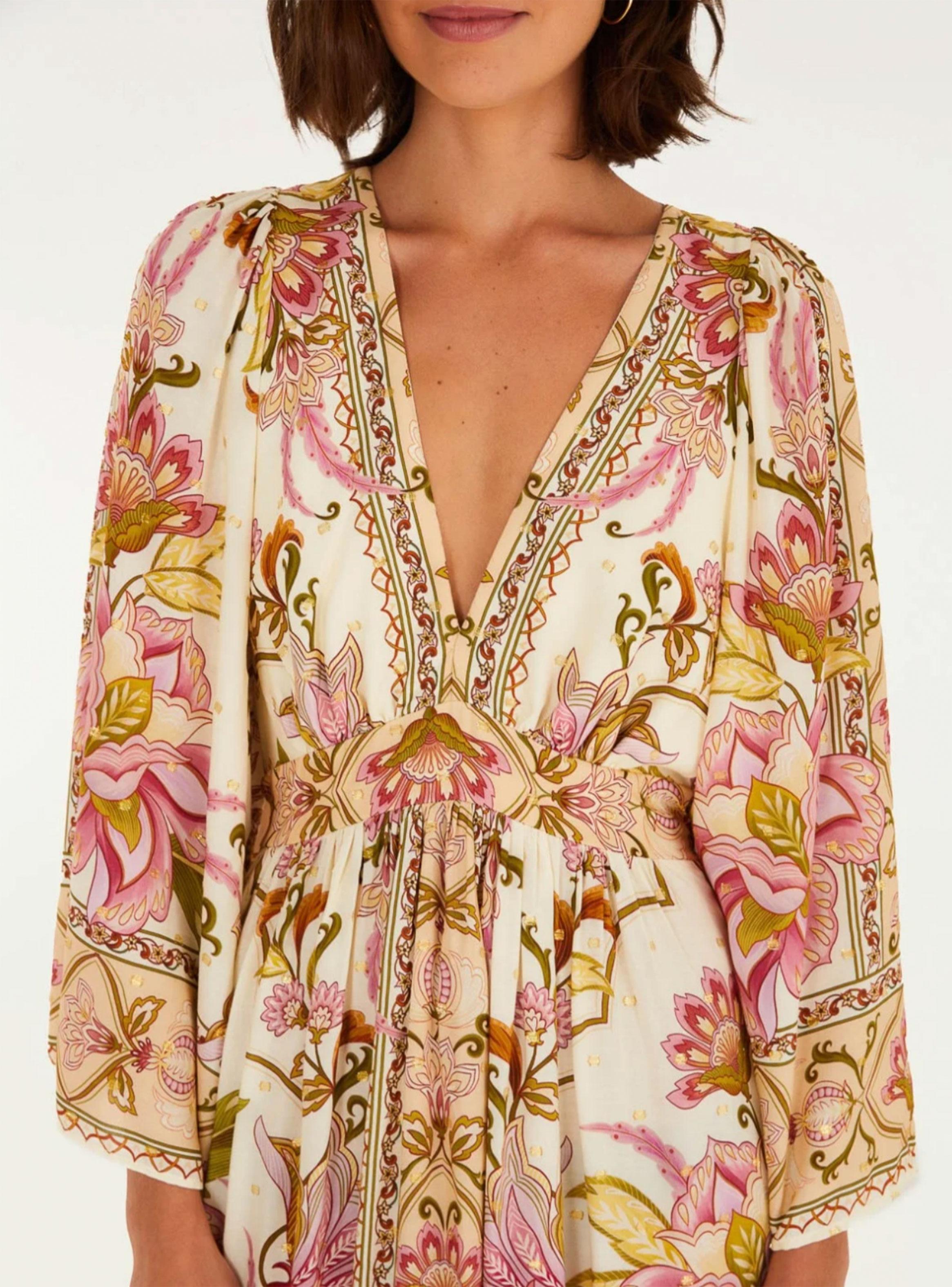 Vestido Largo con Escote V Tipo Kimono Diseño Floral-3