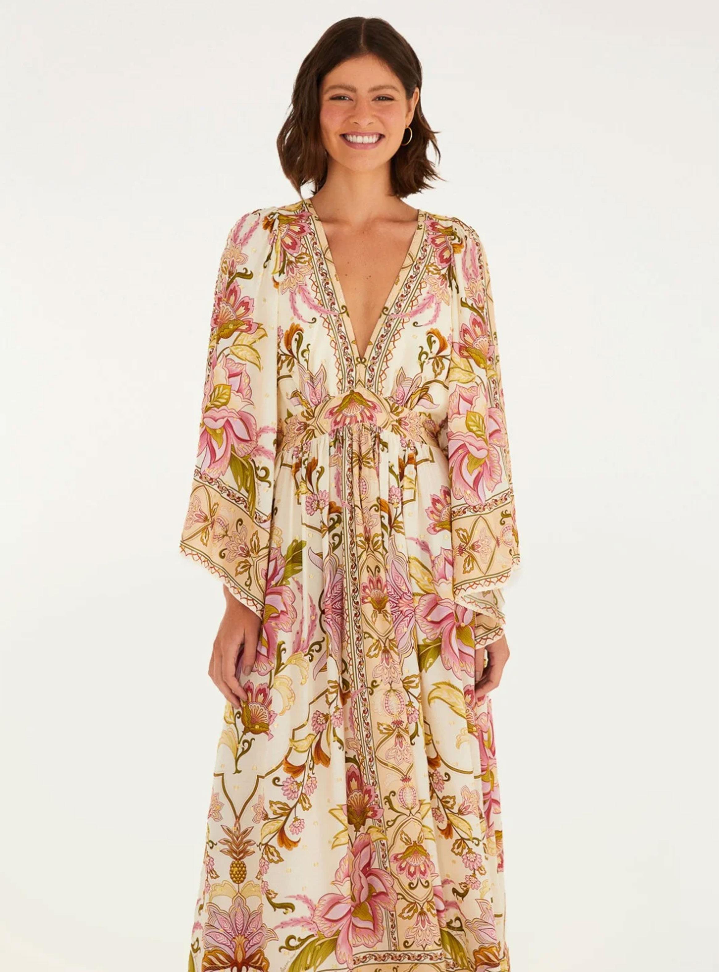 Vestido Largo con Escote V Tipo Kimono Diseño Floral-2