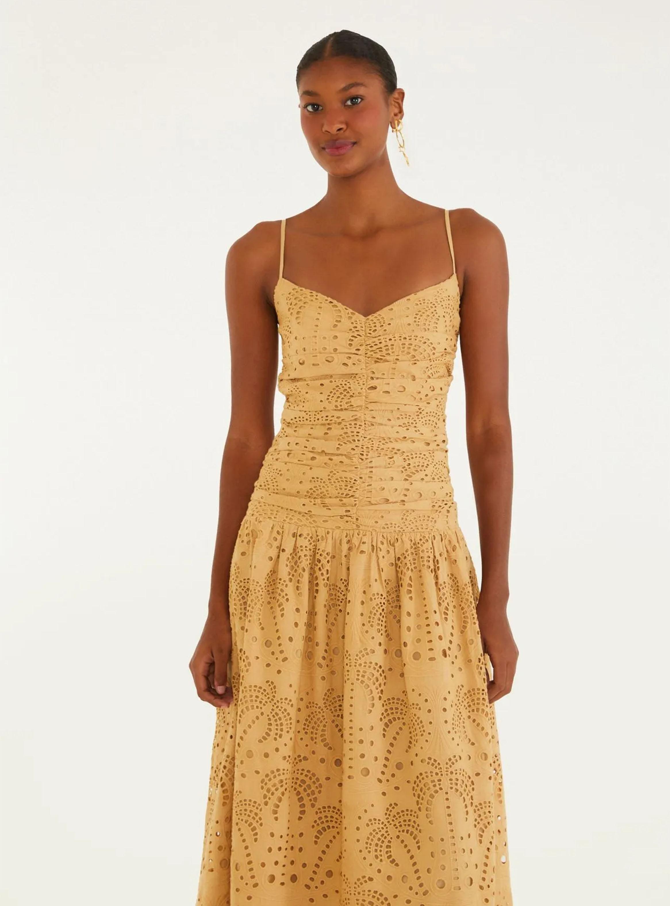 Vestido Midi Fruncido Delantero Diseño de Palmera Bordado-2